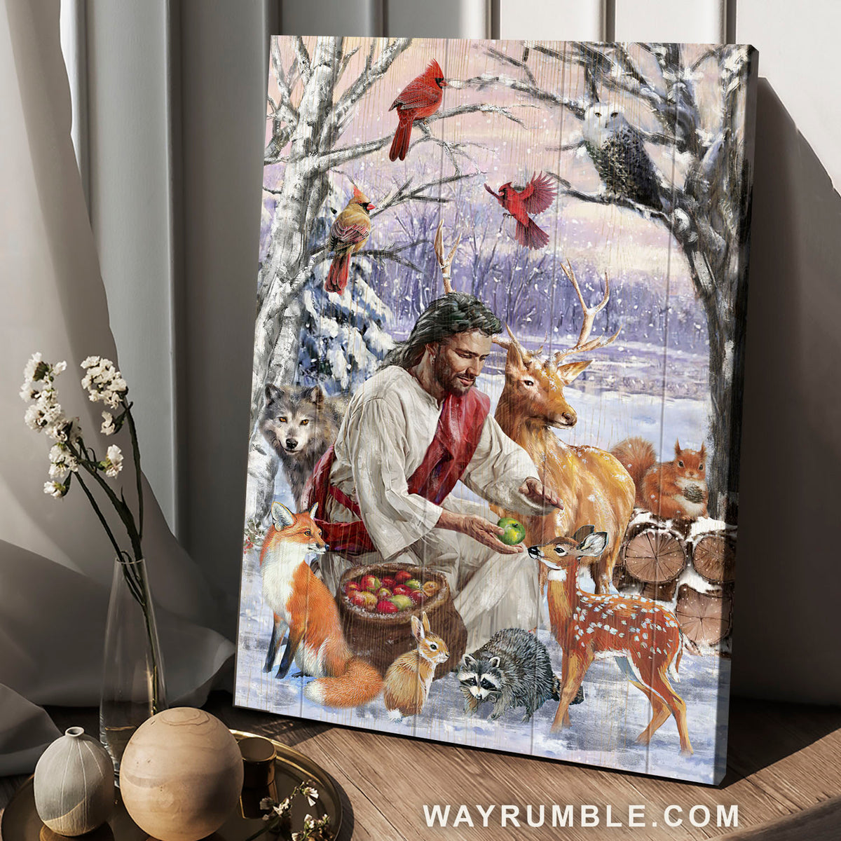 Jesus painting, Winter season, Wild animals, Cardinal drawing, The snowy forest - Jesus Portrait Canvas Prints, Christian Wall Art