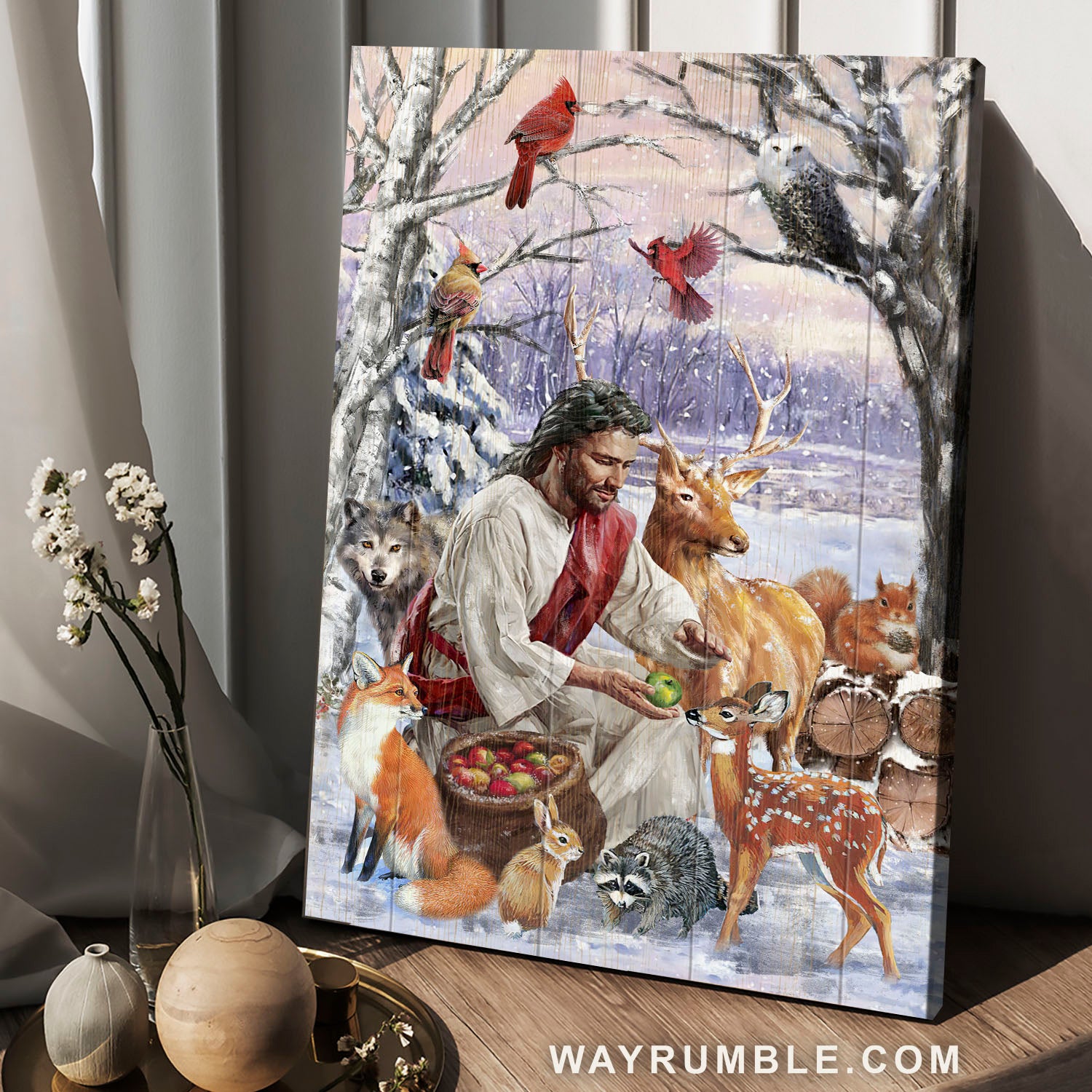 Jesus painting, Winter season, Wild animals, Cardinal drawing, The snowy forest - Jesus Portrait Canvas Prints, Christian Wall Art