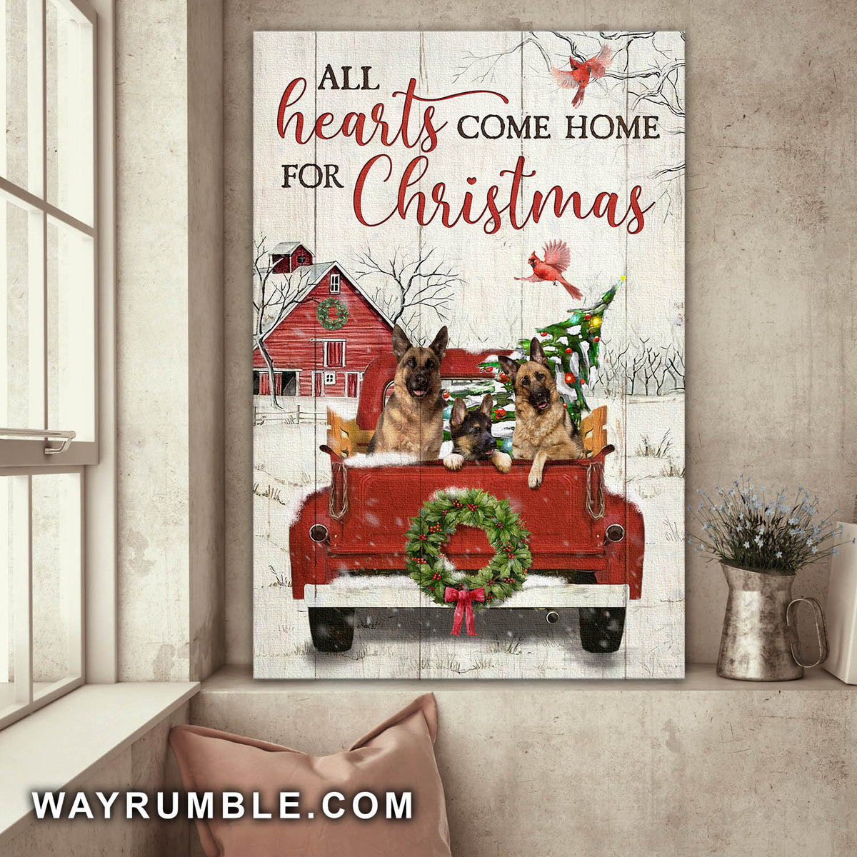 German Shepherd, Red car, Christmas Wreath, Cardinal, All hearts come home for Christmas - Dog Portrait Canvas Prints, Wall Art