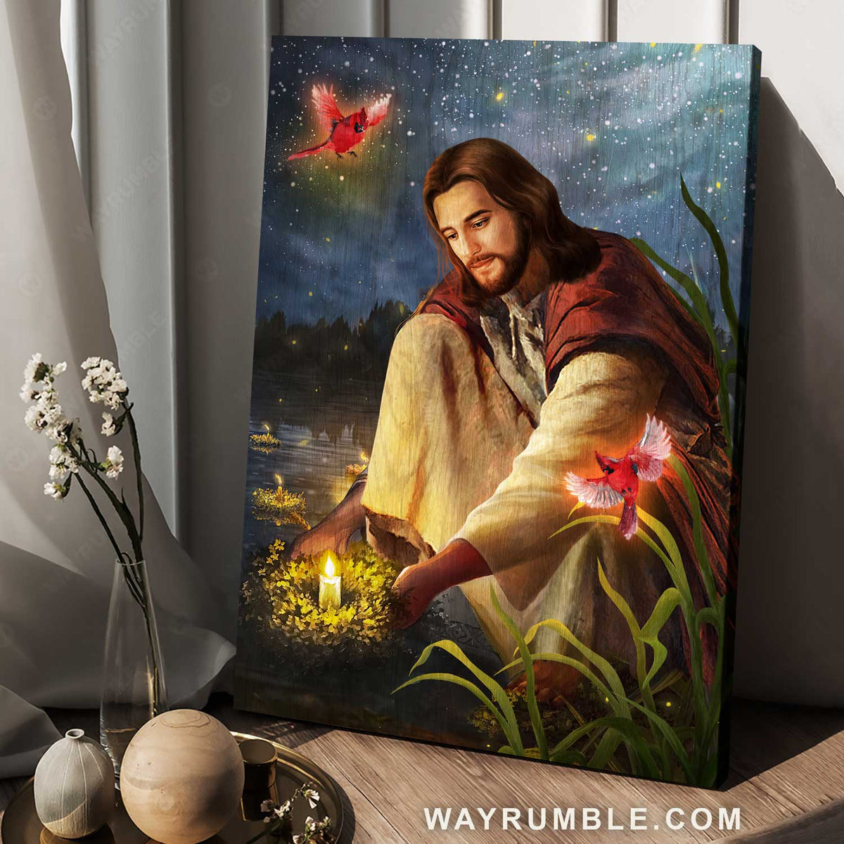Jesus painting, Red cardinal, Advent candles, In a wonderful night full of stars - Jesus Portrait Canvas Prints, Christian Wall Art