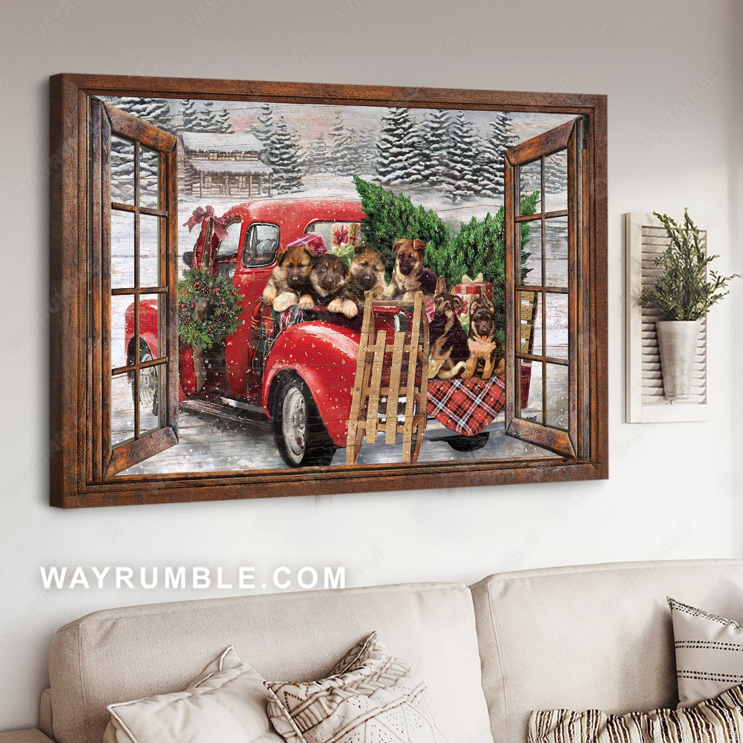 German Shepherd, Cute puppy, Red truck, Christmas vacation, Snow village - Jesus Landscape Canvas Prints, Home Decor Wall Art