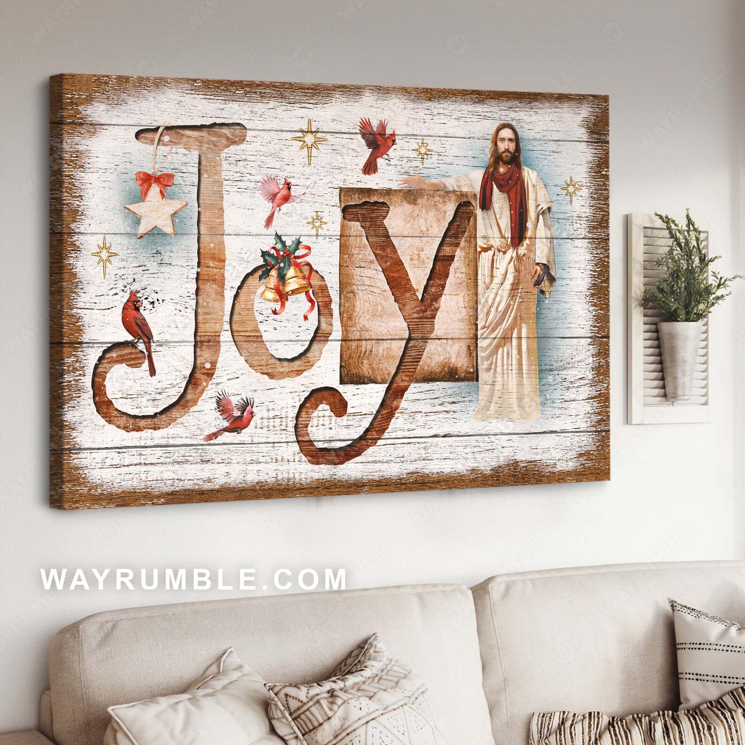 Christmas decoration, Red cardinal, Jesus painting, Joy - Jesus Landscape Canvas Prints, Christian Wall Art