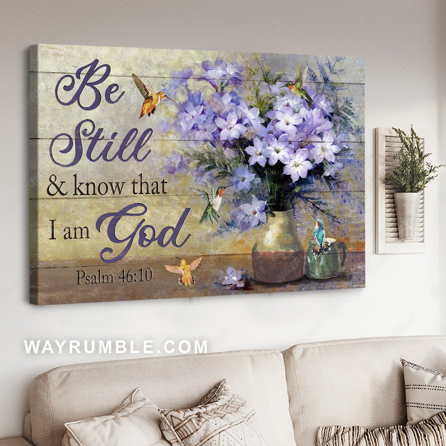 Hummingbird drawing, Purple flower, Still art, Be still & know that I am God - Jesus Landscape Canvas Prints, Home Decor Wall Art