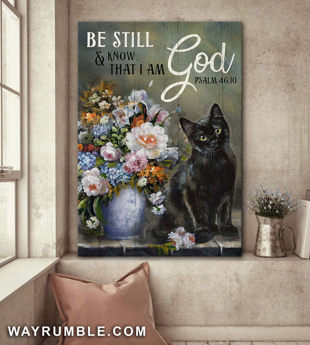 Black cat painting, Flower vase, Still art, Be still and know that I am God - Jesus Portrait Canvas Prints, Wall Art