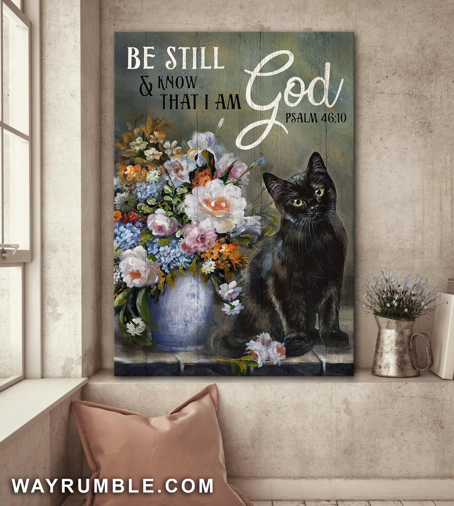 Black cat painting, Flower vase, Still art, Be still and know that I am God - Jesus Portrait Canvas Prints, Wall Art