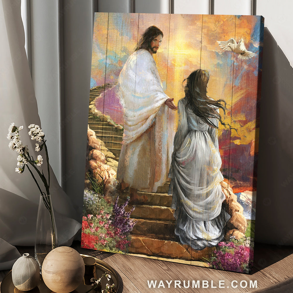 Holy spirit Dove, Abstract Jesus painting, Gorgeous sunset, Stairway to Heaven - Jesus Portrait Canvas Prints, Christian Wall Art