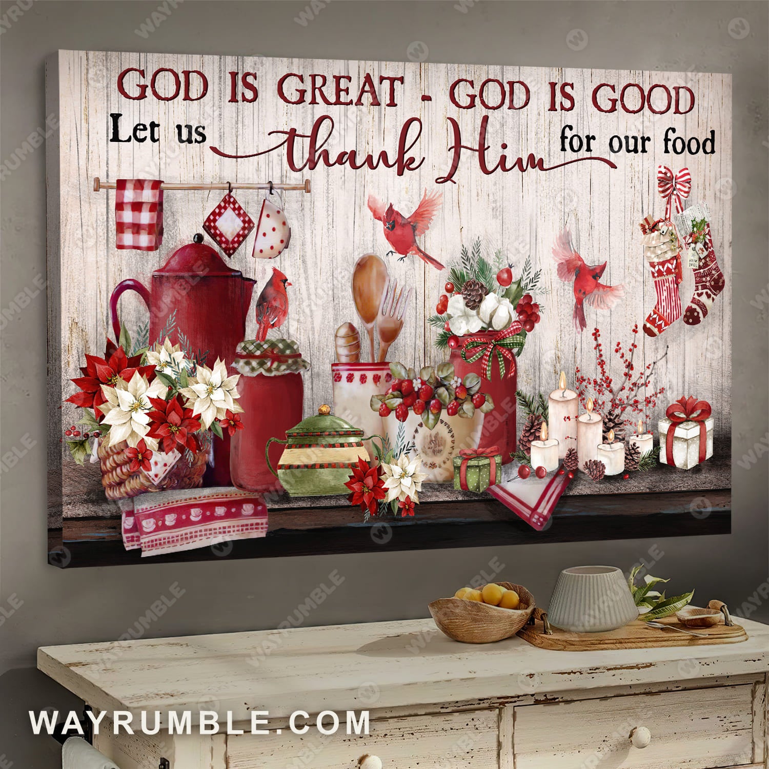 Christmas kitchen, Cardinal, God is great, God is Good - Jesus Landscape Canvas Prints, Wall Art