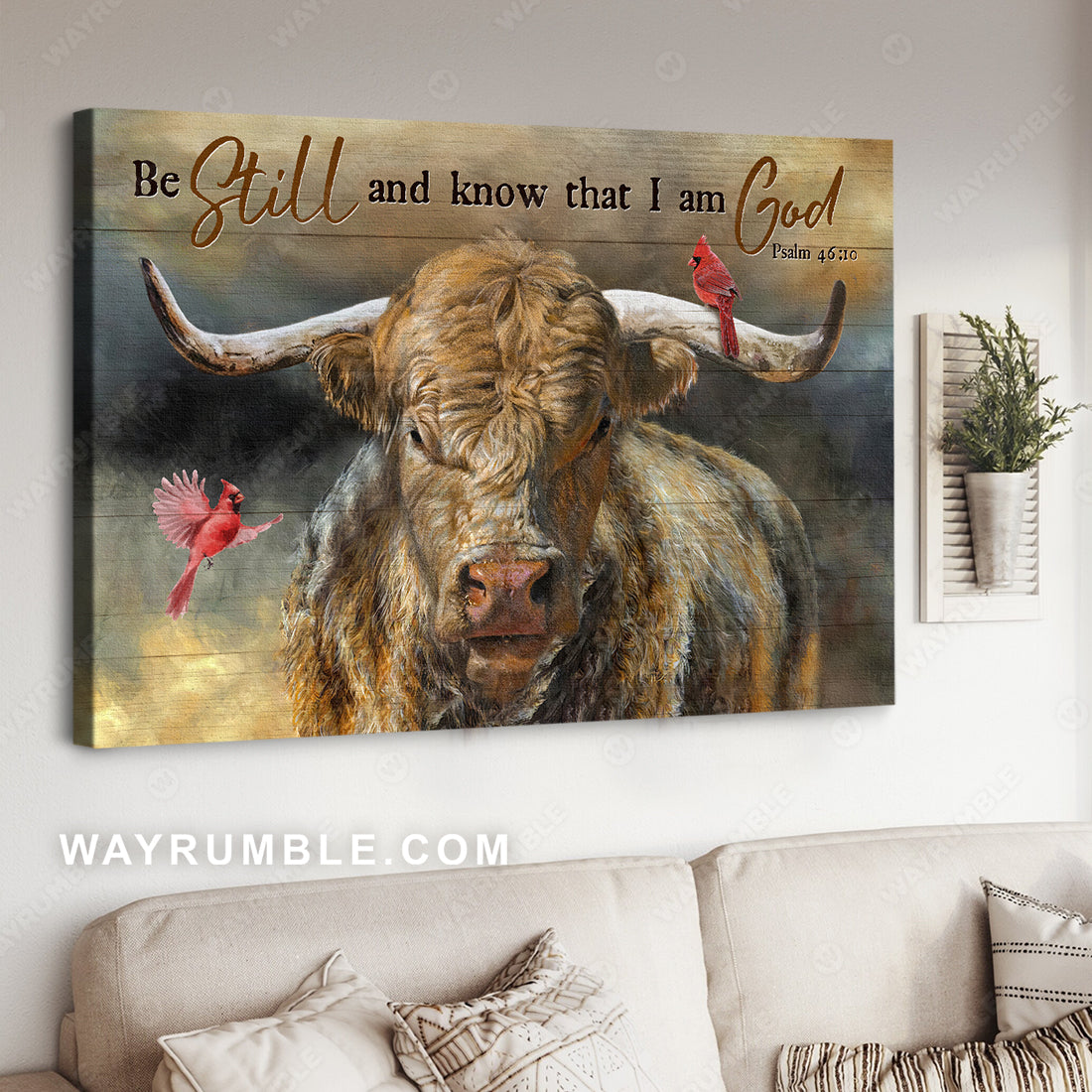 Stunning highland cow, Red cardinal, Be still and know that I am God - Jesus Landscape Canvas Prints, Christian Wall Art