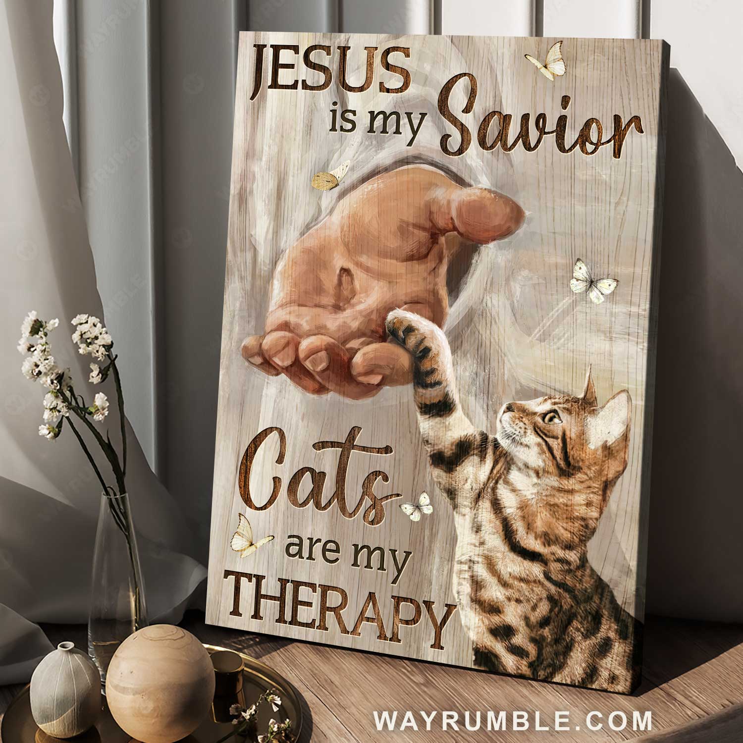 Cat painting, White butterfly, Inspirational art, Jesus is my Savior, Cats are my therapy - Jesus Portrait Canvas Prints, Christian Wall Art
