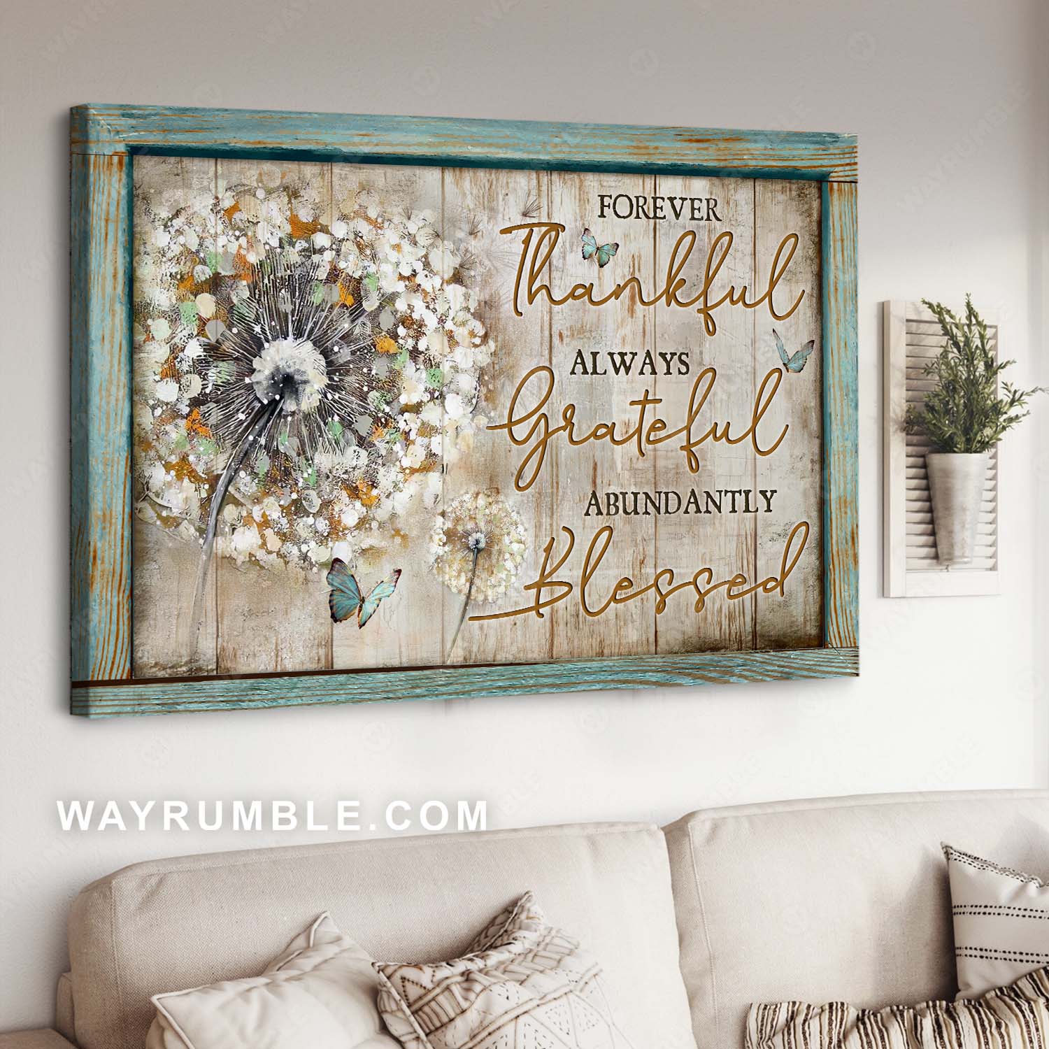 Blue butterfly, Watercolor dandelion, Positive quote, Forever thankful - Jesus Landscape Canvas Prints, Home Decor Wall Art