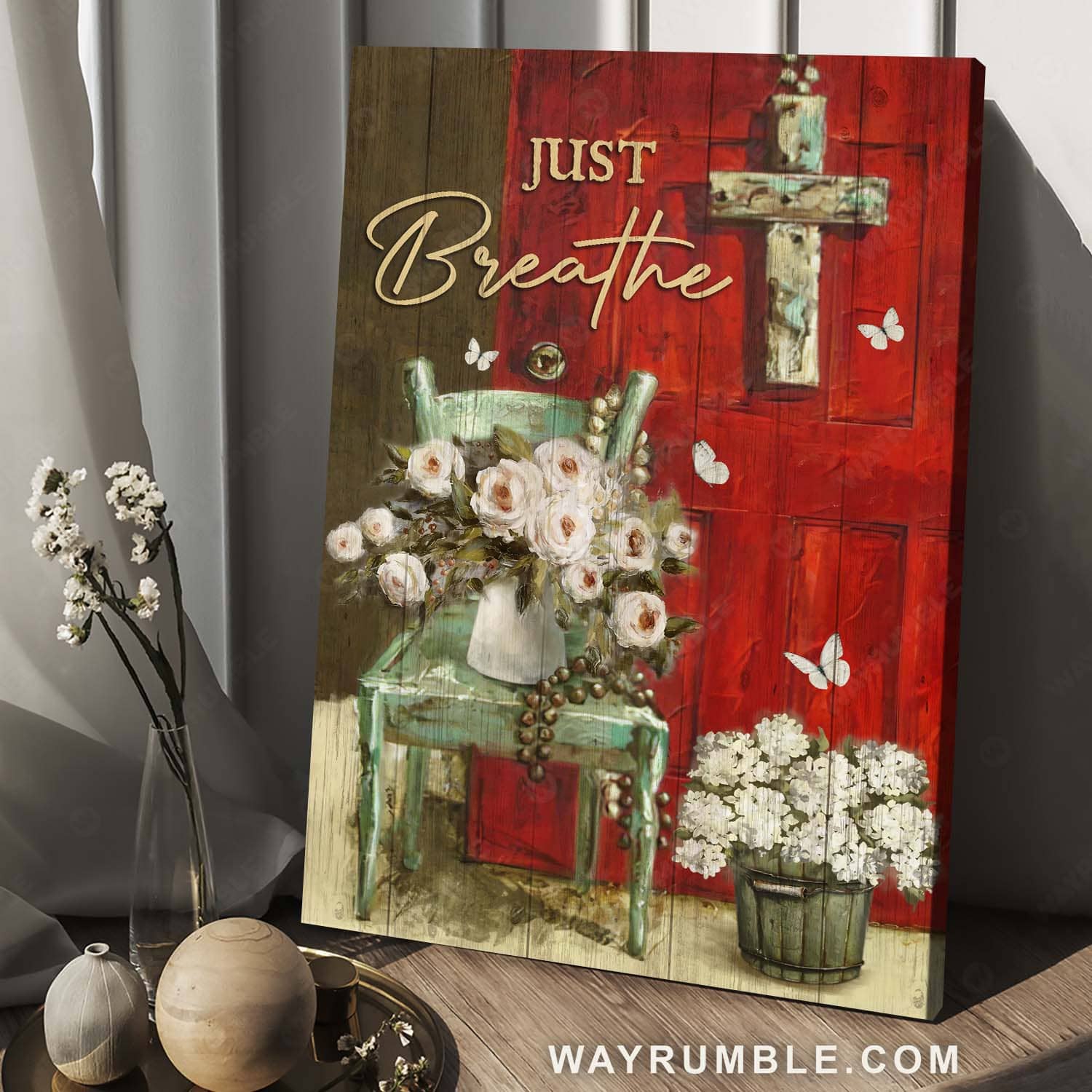 Beautiful white rose, Watercolor cross, Vintage painting, Just breathe - Jesus Portrait Canvas Prints, Home Decor Wall Art