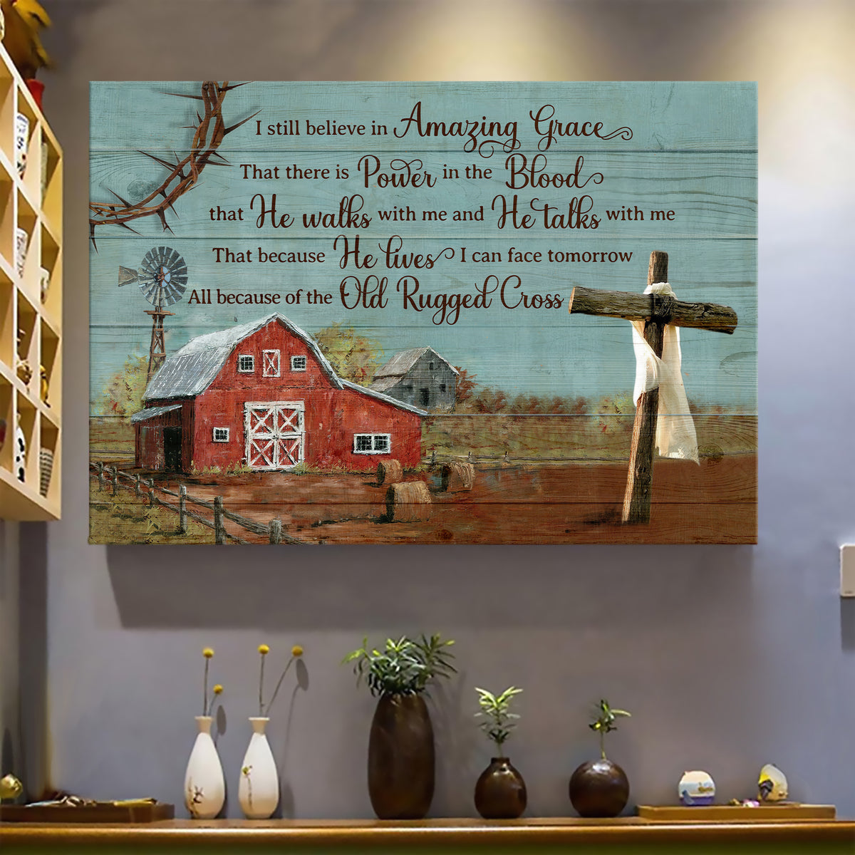 Tranquil farm, Old Barn Painting, Windmill, Wooden Cross, I still believe in amazing grace - Jesus Landscape Canvas Prints, Wall Art