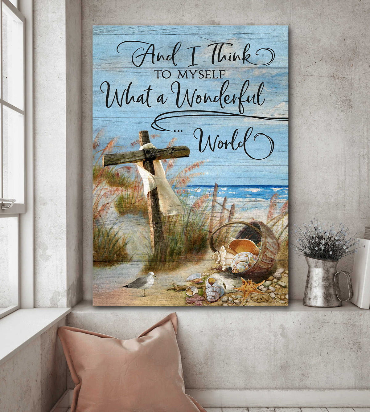 Wooden Cross, Seashell Basket, Beach, And I think to myself what a wonderful world - Jesus Portrait Canvas Prints, Wall Art