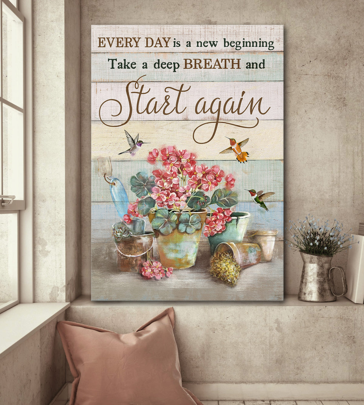 Jesus, Red geranium, Hummingbird - Every day is a new beginning Portrait Canvas Prints, Wall Art