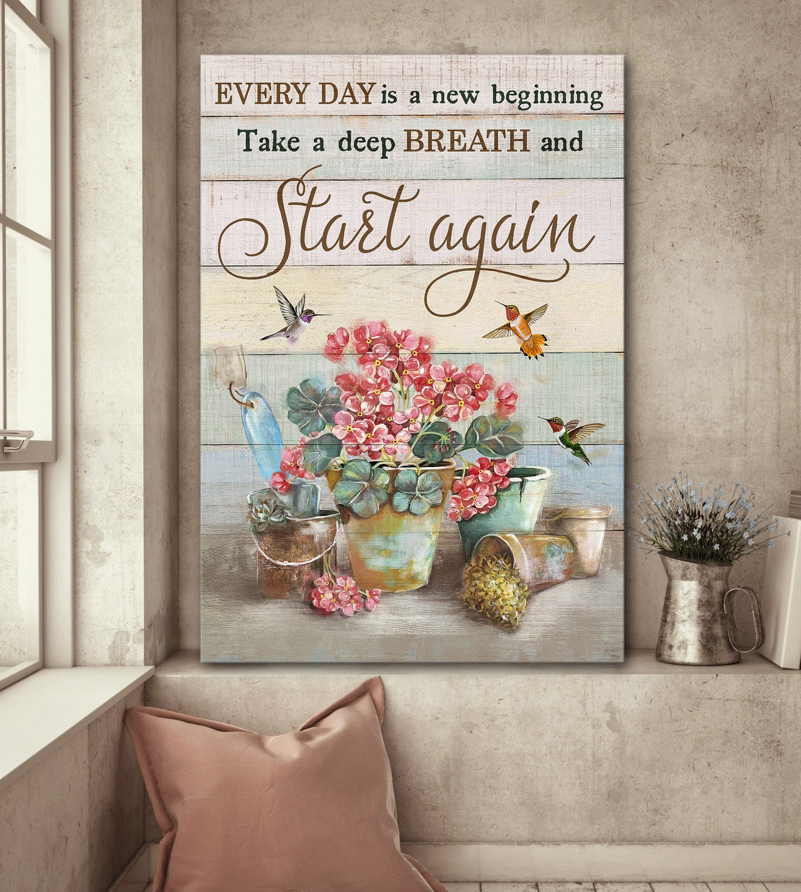 Jesus, Red geranium, Hummingbird - Every day is a new beginning Portrait Canvas Prints, Wall Art