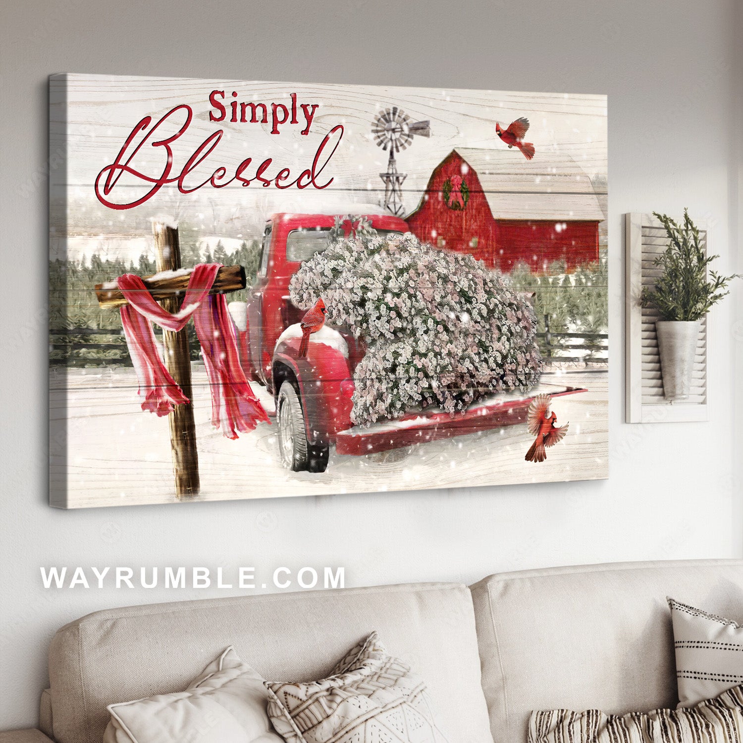 Awesome red truck, Snowy farm, Wooden cross, Red cardianal, Simply blessed - Jesus Landscape Canvas Prints, Home Decor Wall Art