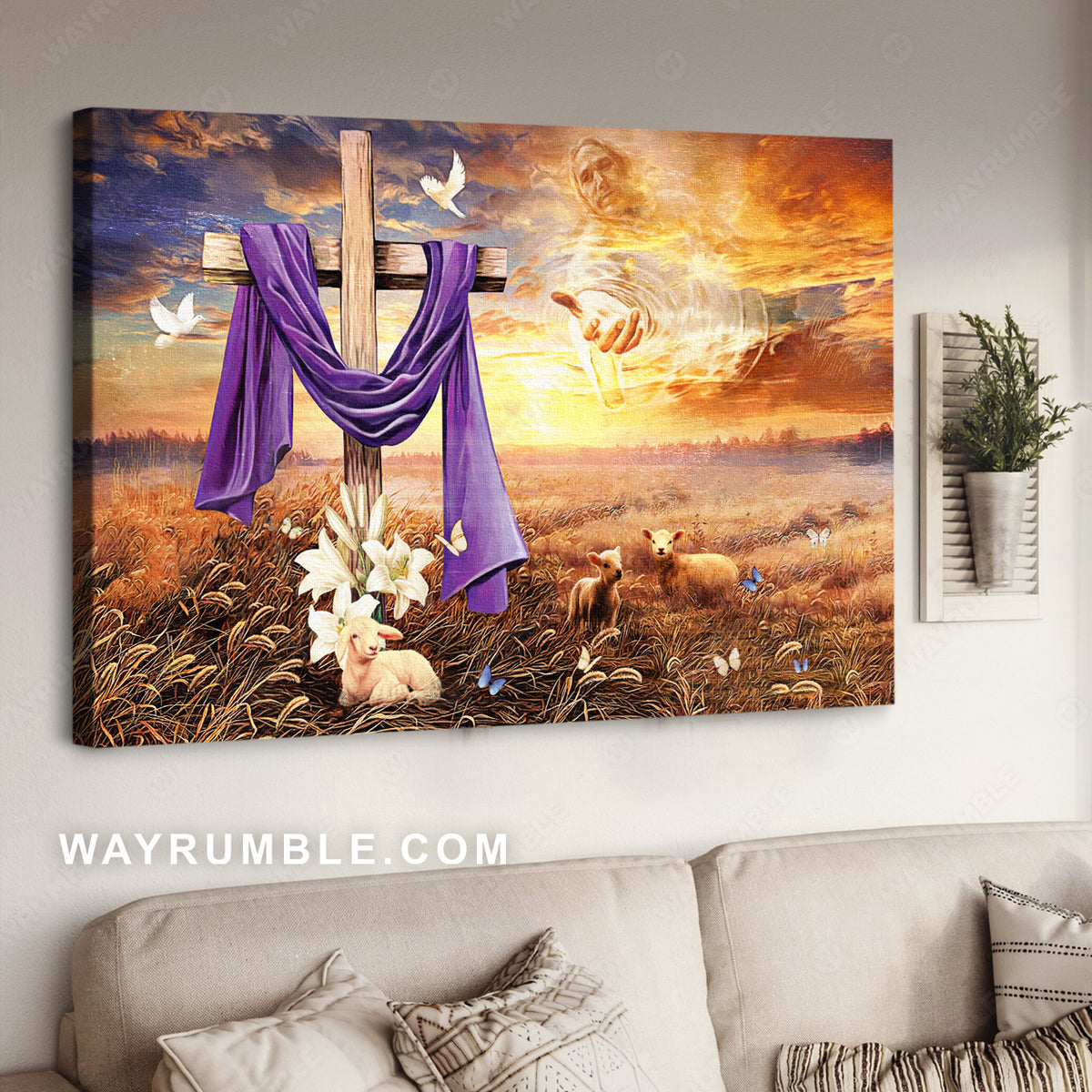 Old rugged cross, Lamb of God, Easter lily, Farm in the beautiful sunrise - Jesus Landscape Canvas Prints, Christian Wall Art