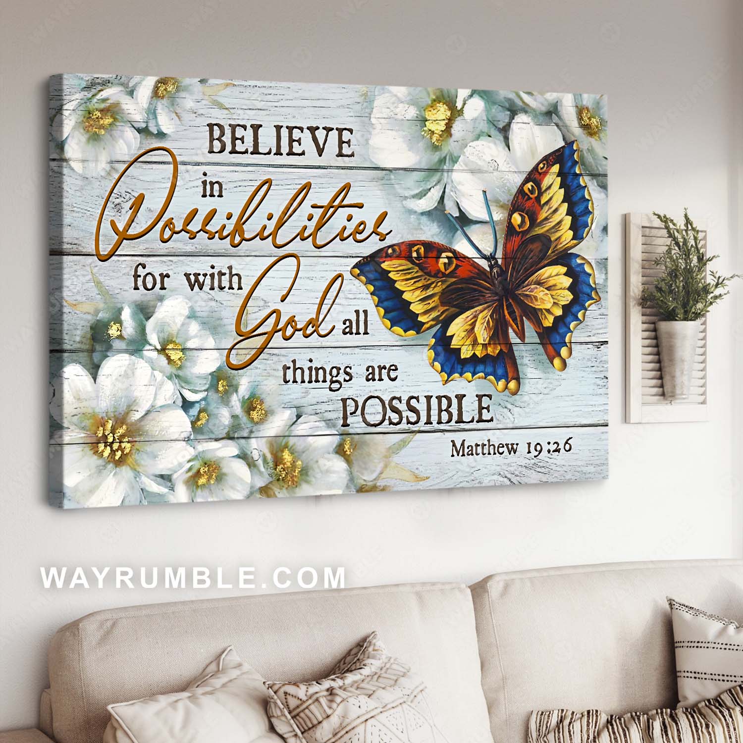 Watercolor butterfly, White flower, Inpirational art, With God all things are possible - Jesus Landscape Canvas Prints, Home Decor Wall Art