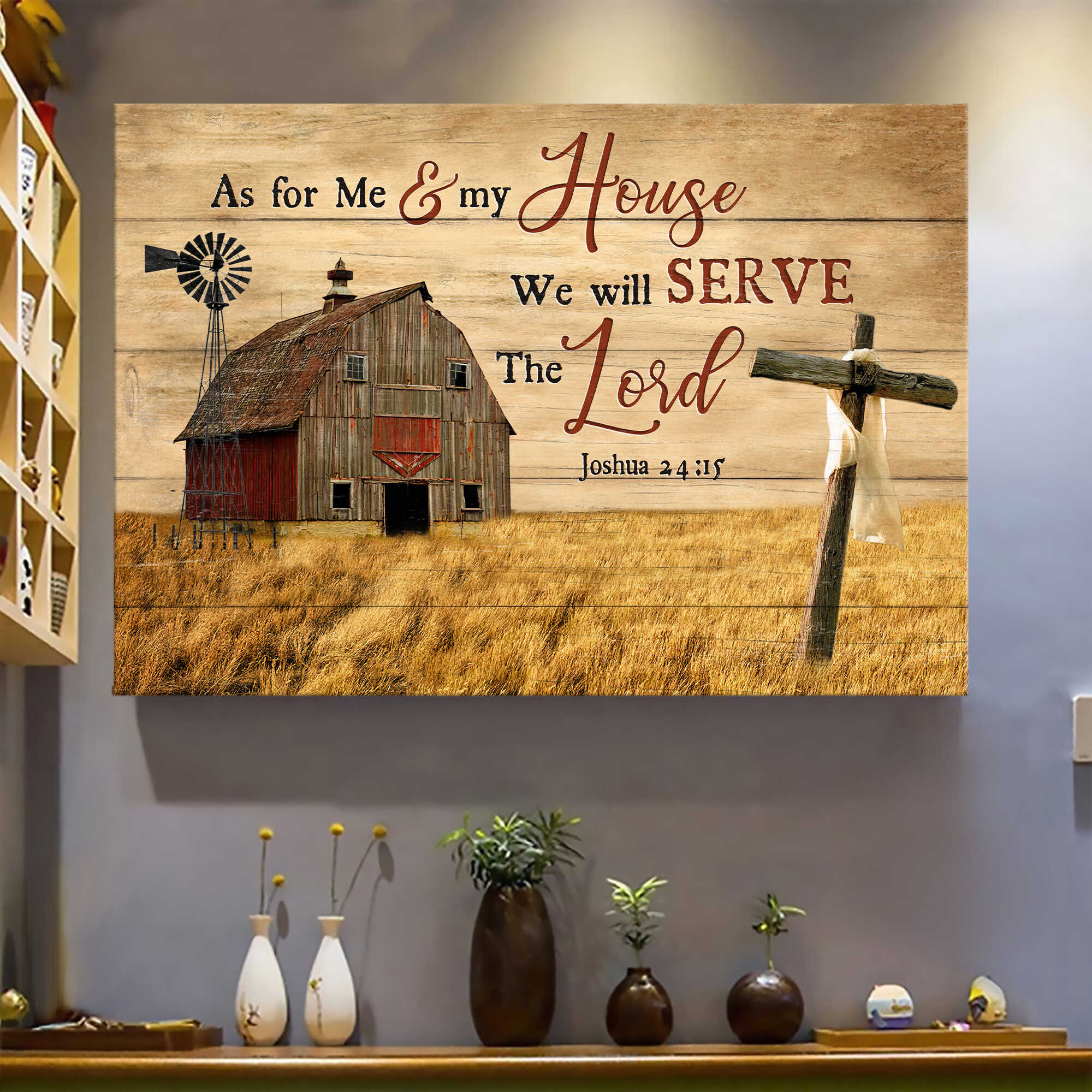 Wooden Cross, Old Barn Painting, As for me and my house we will serve the Lord - Jesus Landscape Canvas Prints, Wall Art