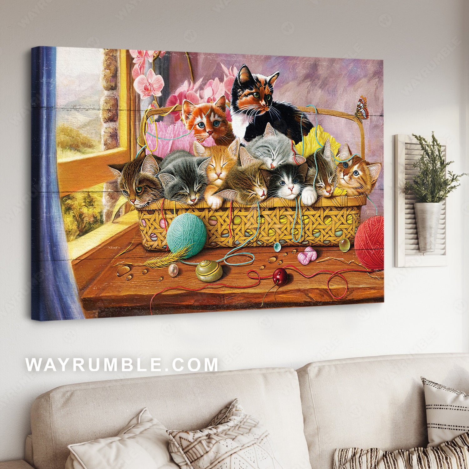 Cute cat painting, Pink orchid flower, Gift for cat lover, Cat drawing - Jesus Landscape Canvas Prints, Christian Wall Art