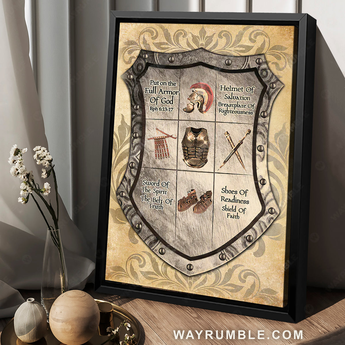 Shield of Faith, Helmet of Saluation, Bible verse, Put on the full Armor of God - Jesus Portrait Canvas Prints, Christian Wall Art