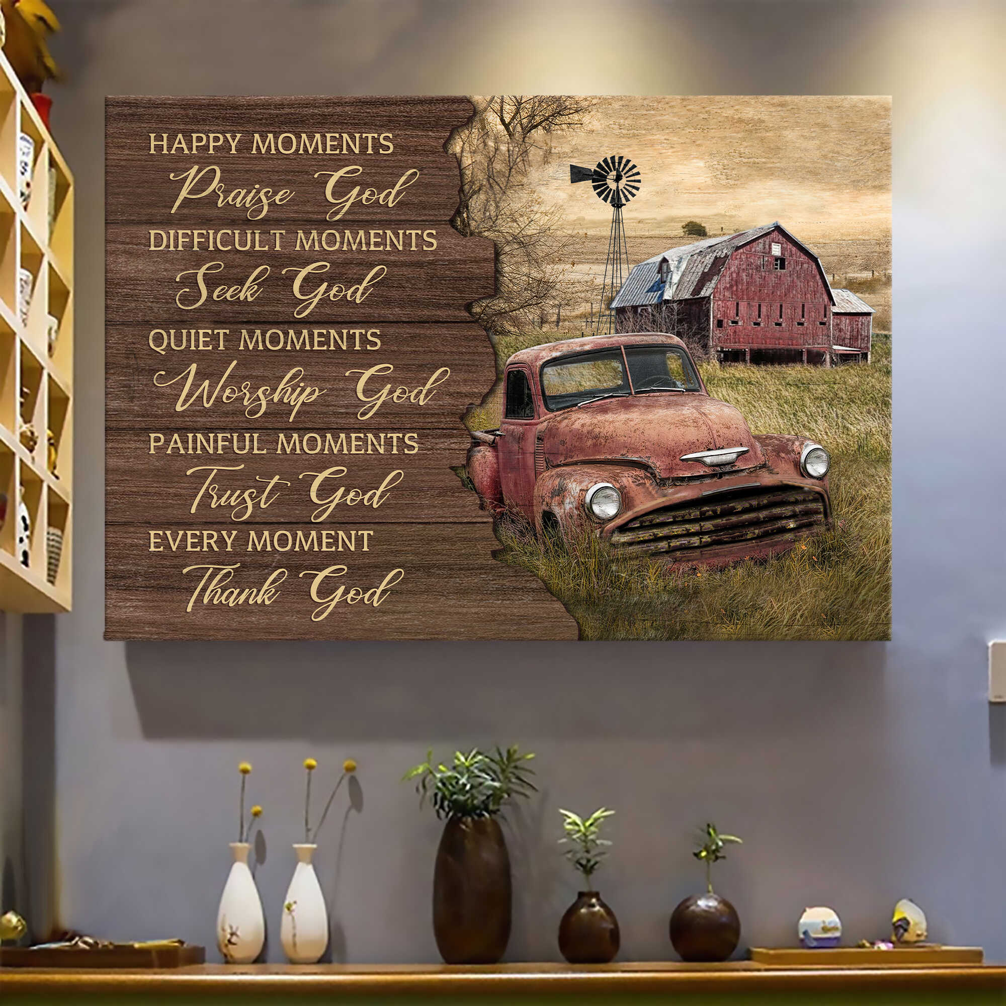 Old Car, Barn Painting, Every moment, thank God - Jesus Landscape Canvas Prints, Wall Art