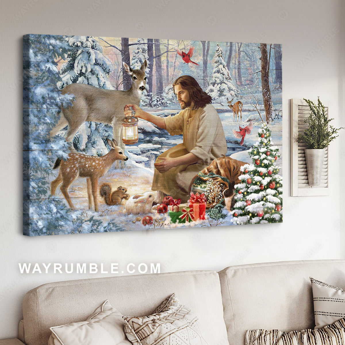 Christmas tree, Snow forest, Jesus painting, Lovely wild animals - Jesus Landscape Canvas Prints, Christian Wall Art