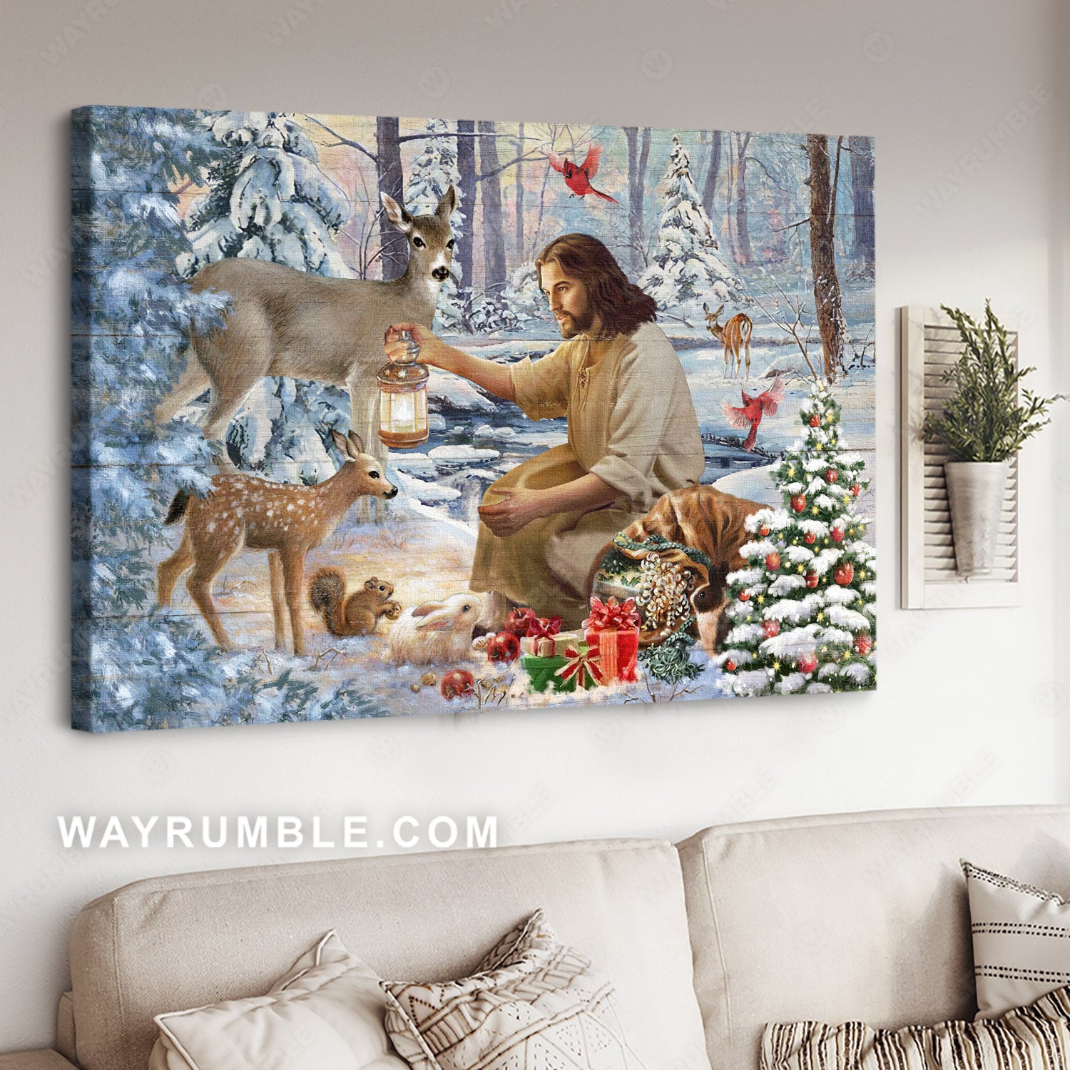 Christmas tree, Snow forest, Jesus painting, Lovely wild animals - Jesus Landscape Canvas Prints, Christian Wall Art