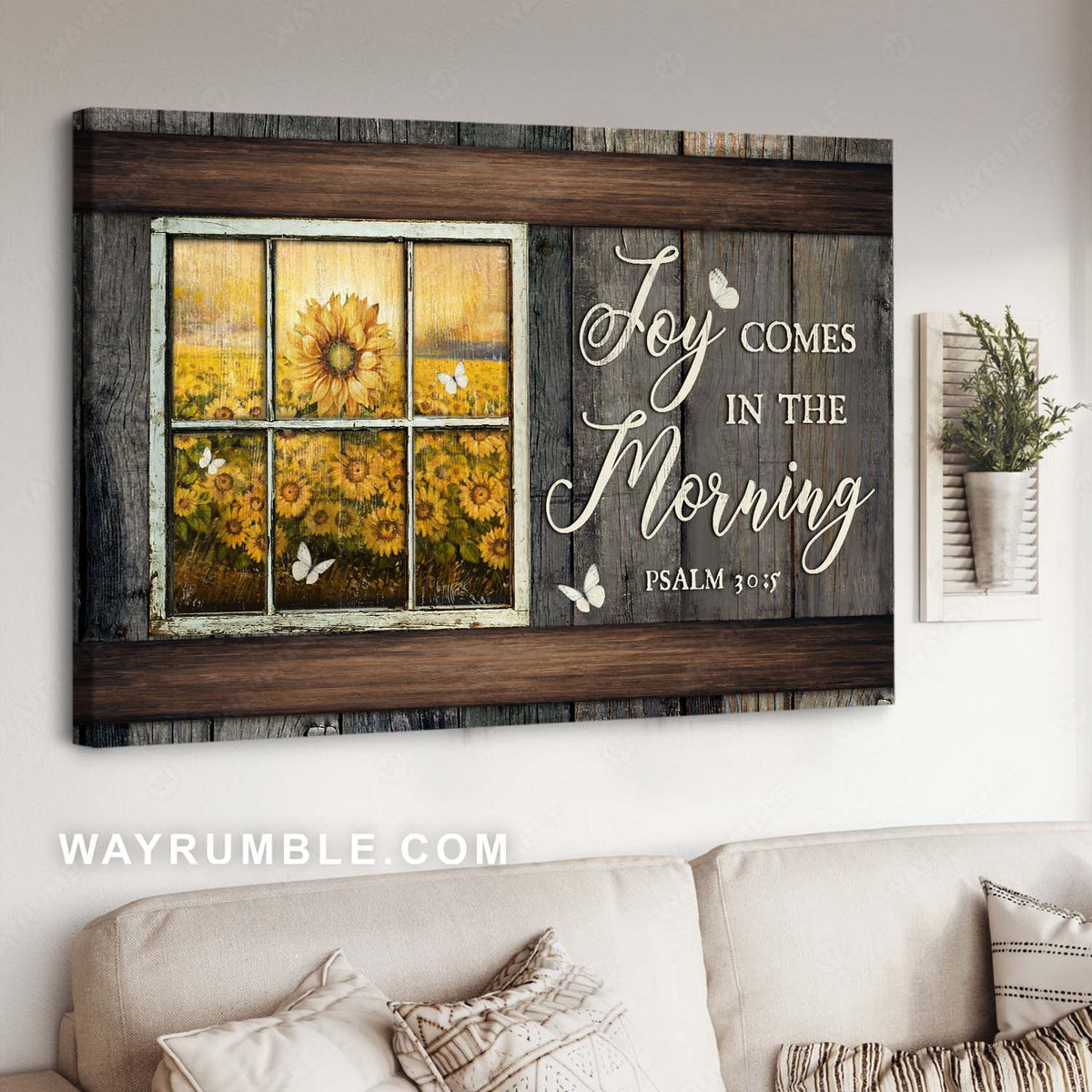 Stunning sunflower field, White butterfly, Bible verse, Joy comes in the morning - Jesus Landscape Canvas Prints, Christian Wall Art
