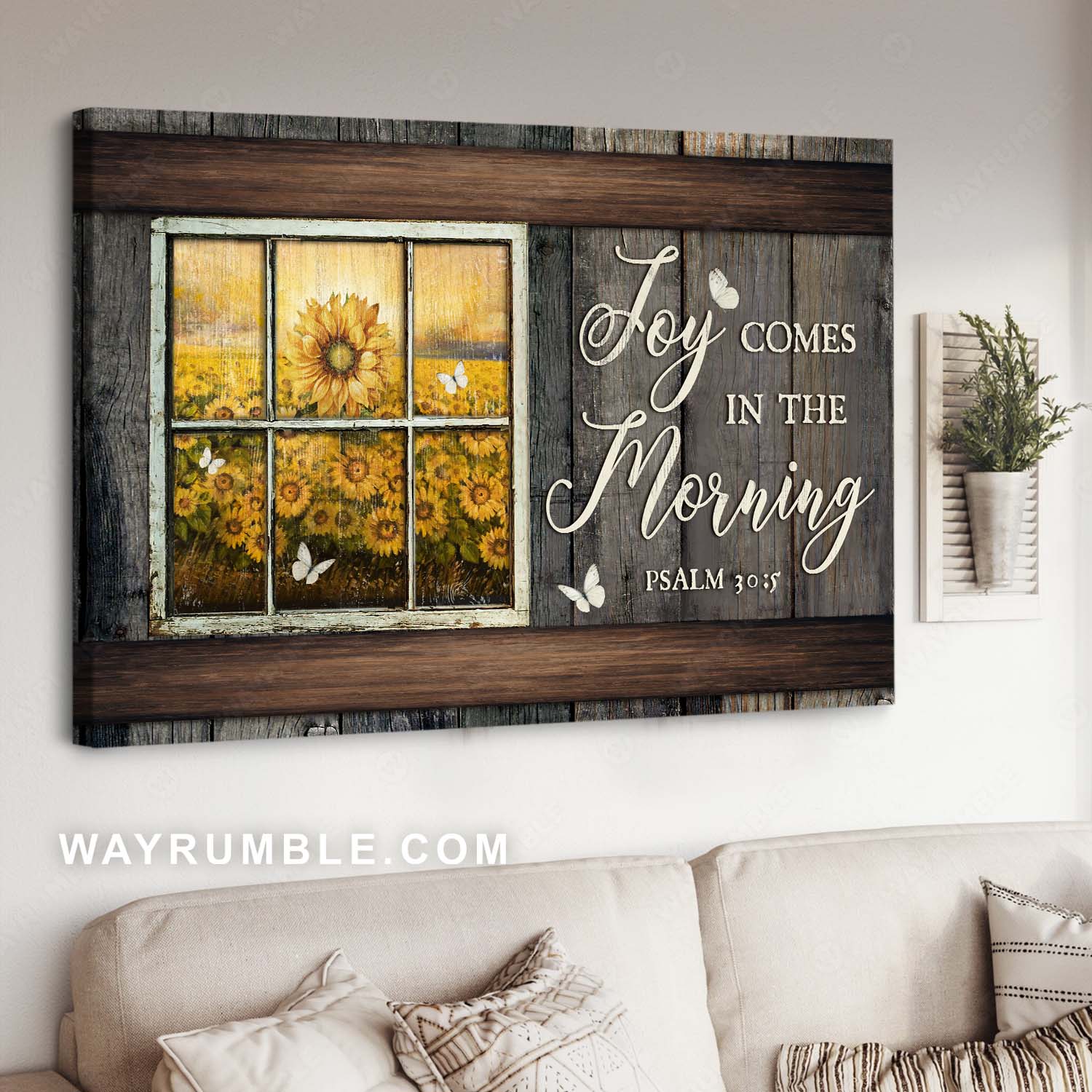 Stunning sunflower field, White butterfly, Bible verse, Joy comes in the morning - Jesus Landscape Canvas Prints, Christian Wall Art