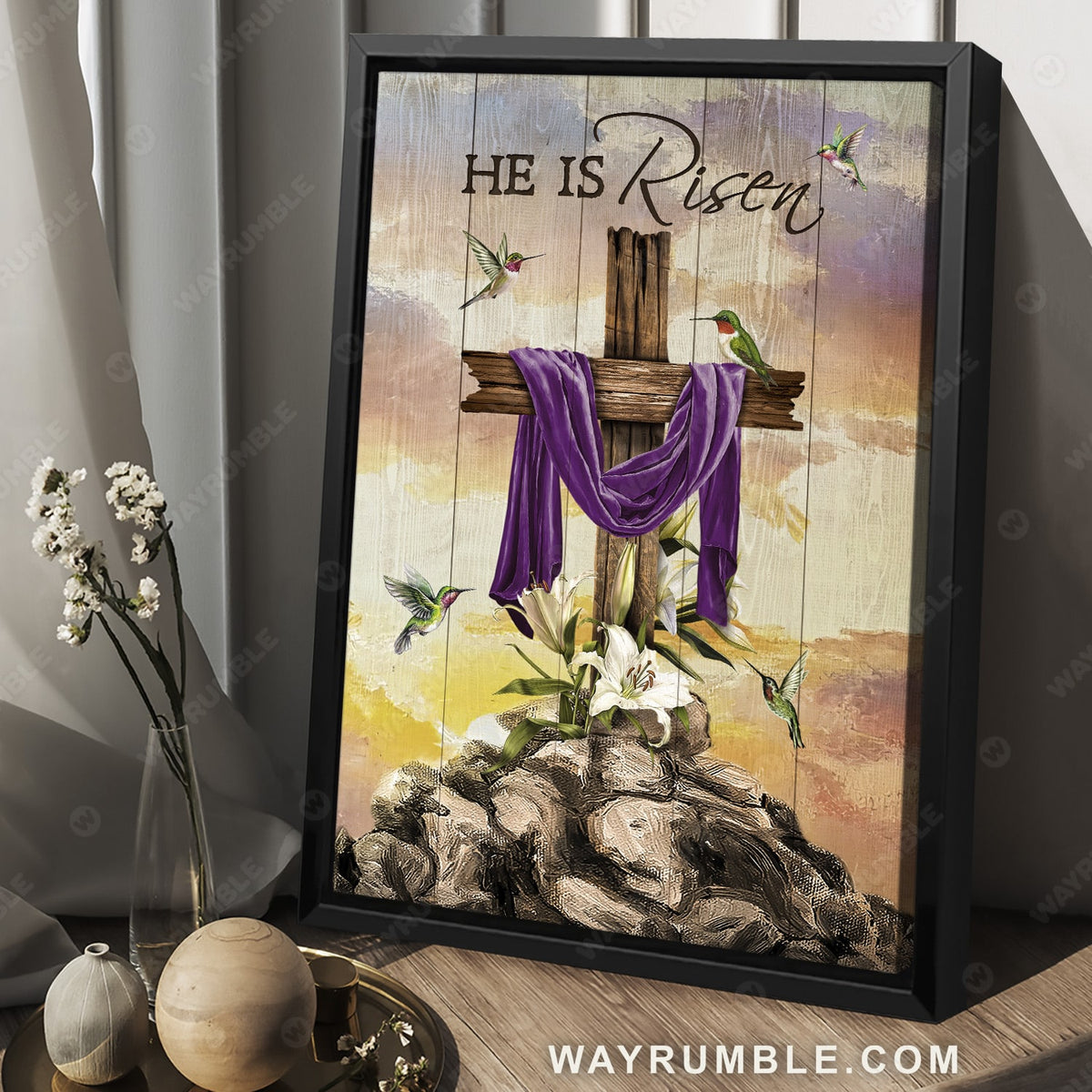 Wooden cross, Rock mountain, Lily flower, Hummingbird, He is risen - Jesus Portrait Canvas Prints, Christian Wall Art