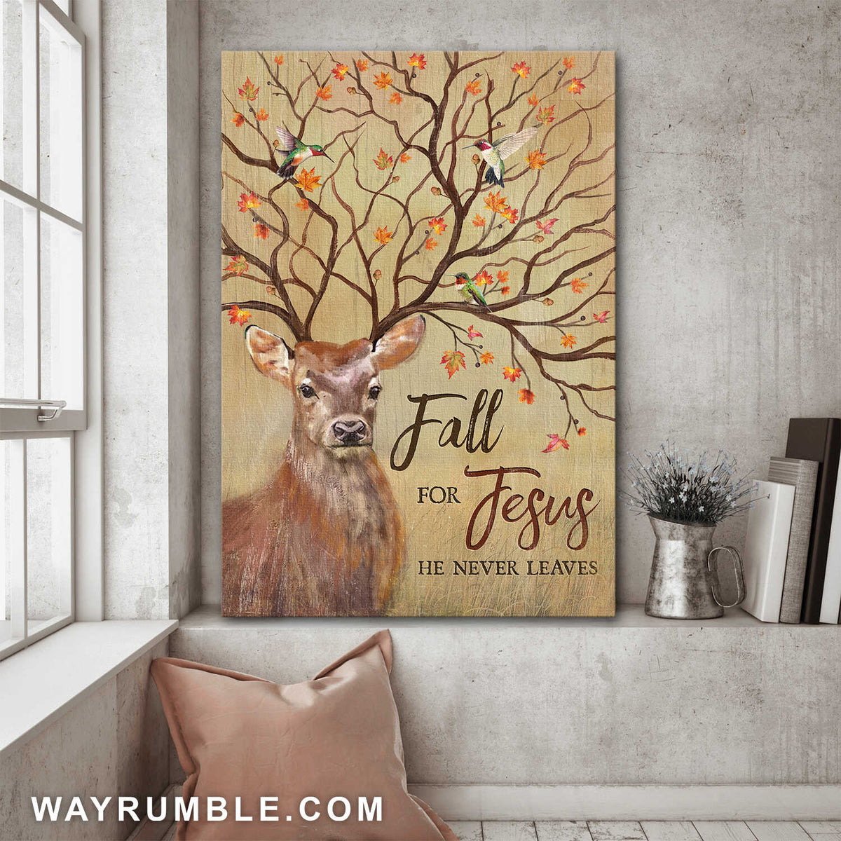 Deer, Tree horn, Hummingbird, Fall for Jesus he never leaves - Jesus Portrait Canvas Prints, Wall Art