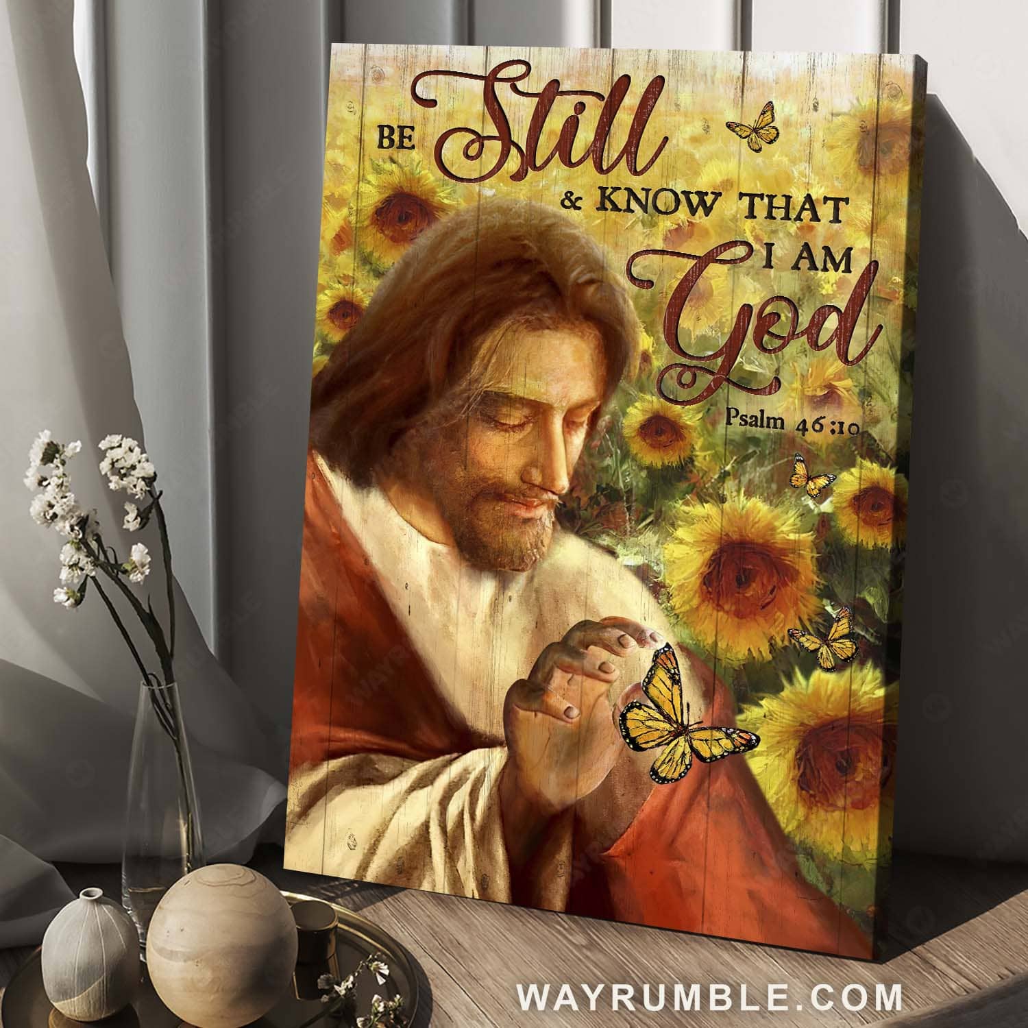 Sunflower field, Jesus painting, Monarch butterfly, Be still & know that I am God - Jesus Portrait Canvas Prints, Christian Wall Art