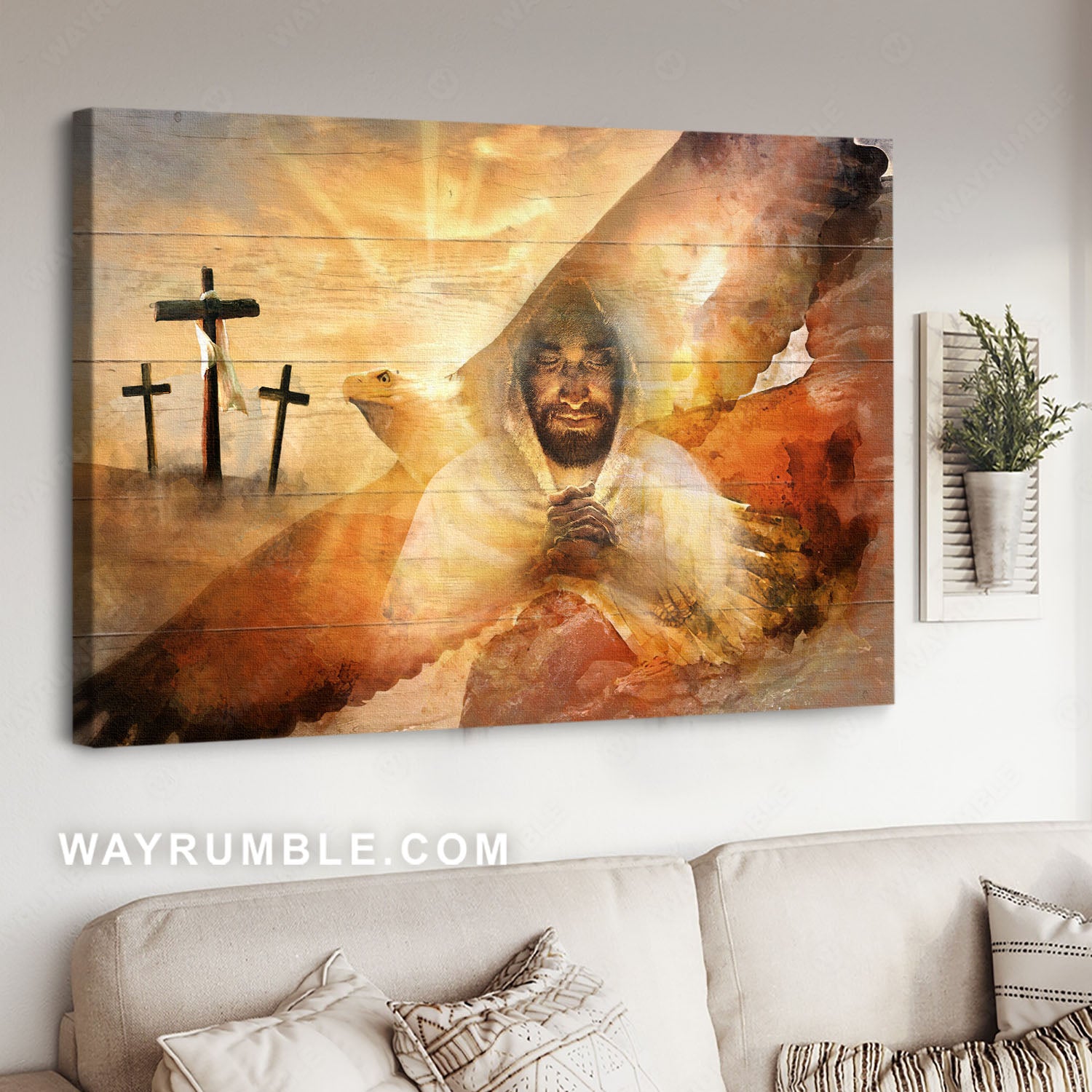 Abstract Jesus painting, Bald eagle, Three wooden crosses, The Lord's prayer - Jesus Landscape Canvas Prints, Christian Wall Art