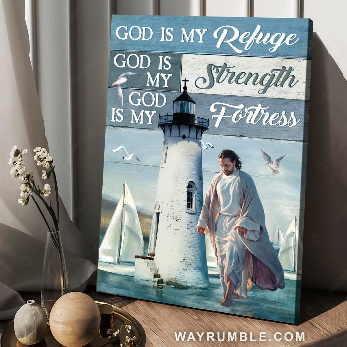 Blue ocean, Jesus painting, Lighthouse drawing, White seagulls, God is my Refuge - Jesus Portrait Canvas Prints, Christian Wall Art