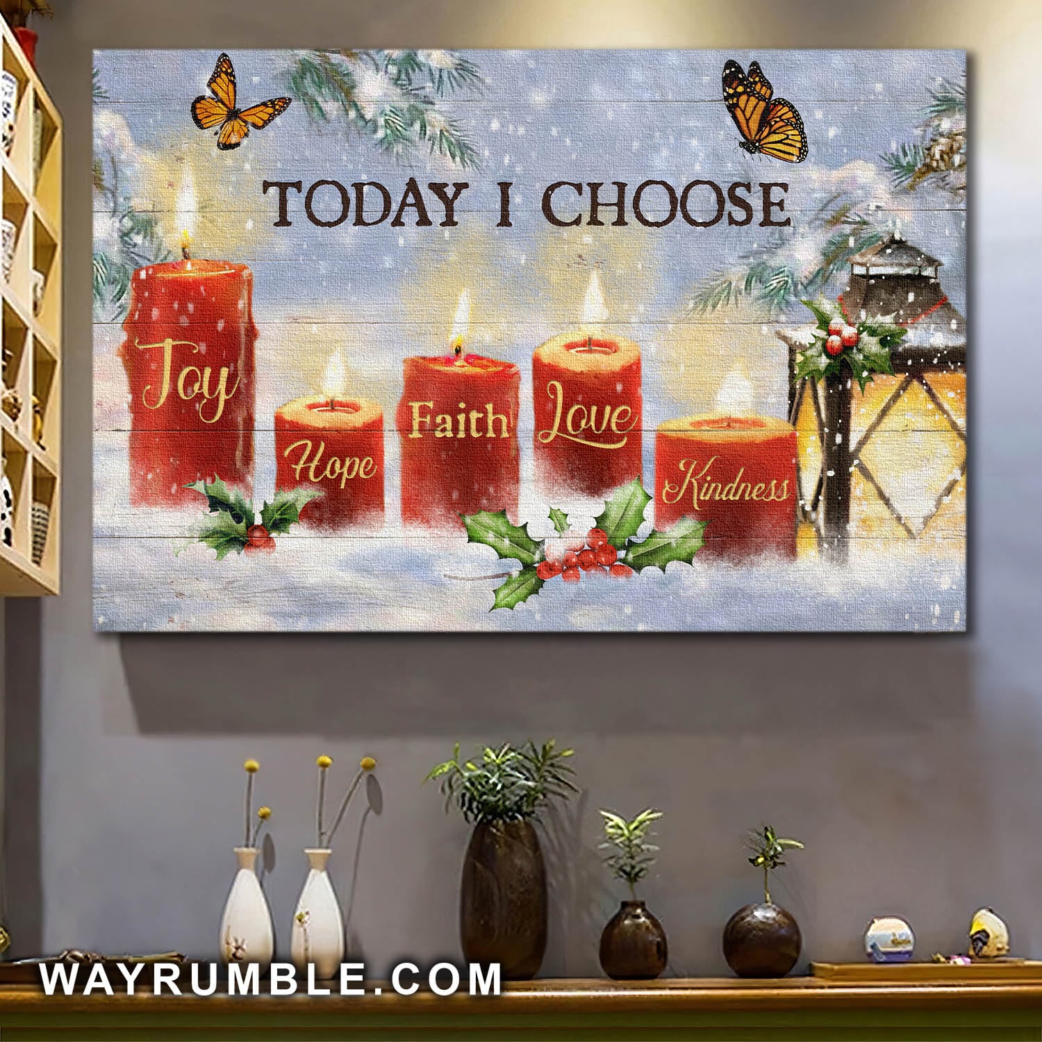 Winter scene, Butterfly, Candle, Today I choose joy, hope, faith, love, kindness - Jesus Landscape Canvas Prints, Wall Art