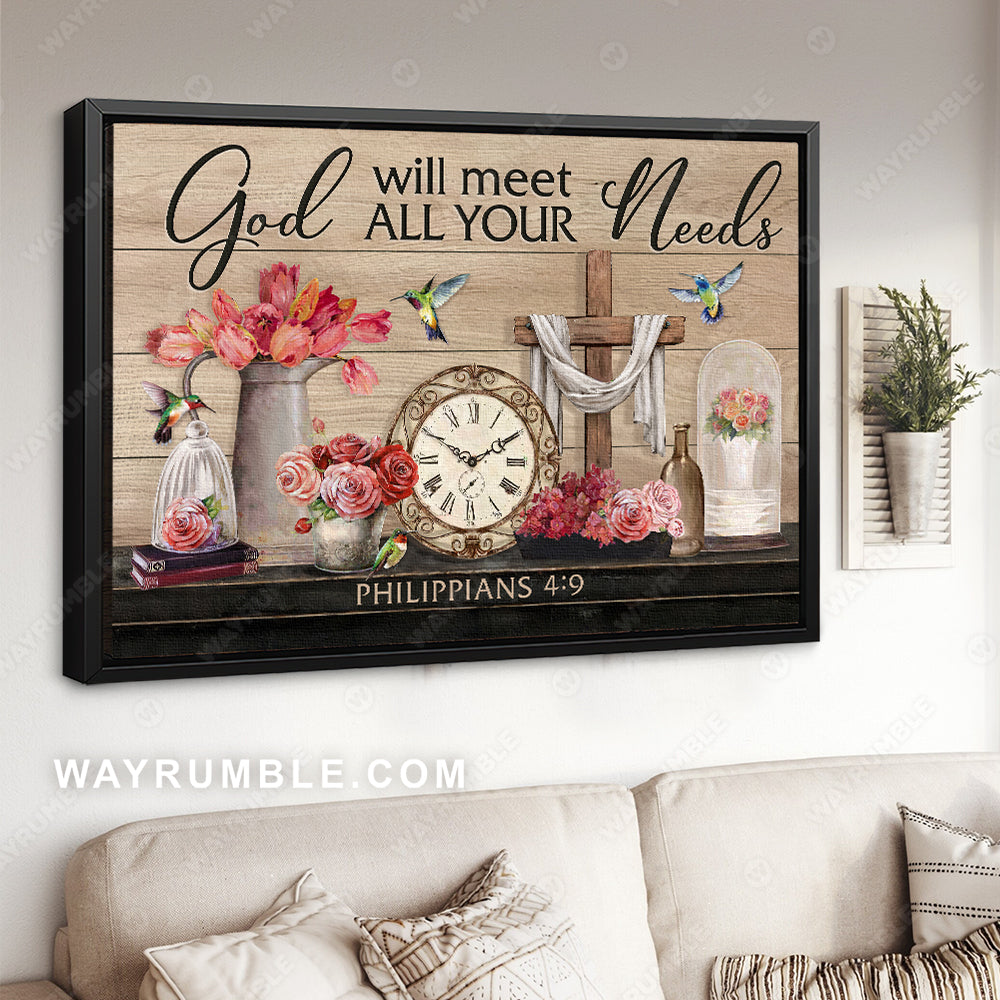 Pink tulip, Antique clock, Hummingbird, God will meet all your needs - Jesus Landscape Canvas Prints, Christian Wall Art