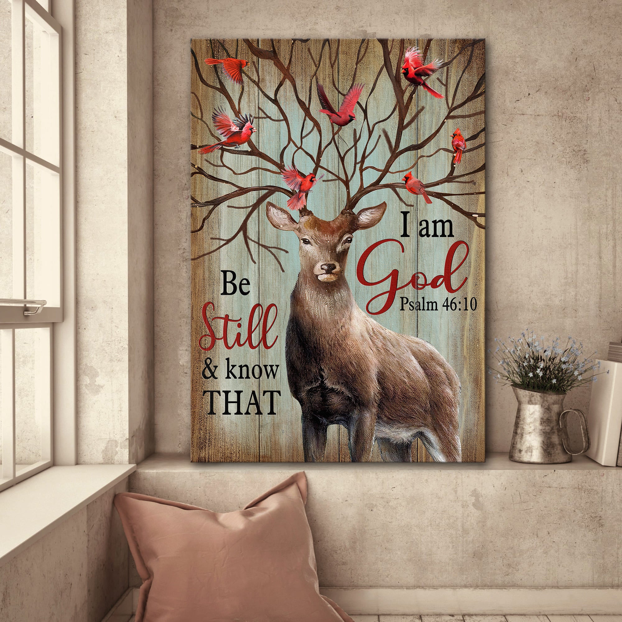 Deer, Cardinal, Be still and know that I am God - Jesus Portrait Canvas Prints, Wall Art