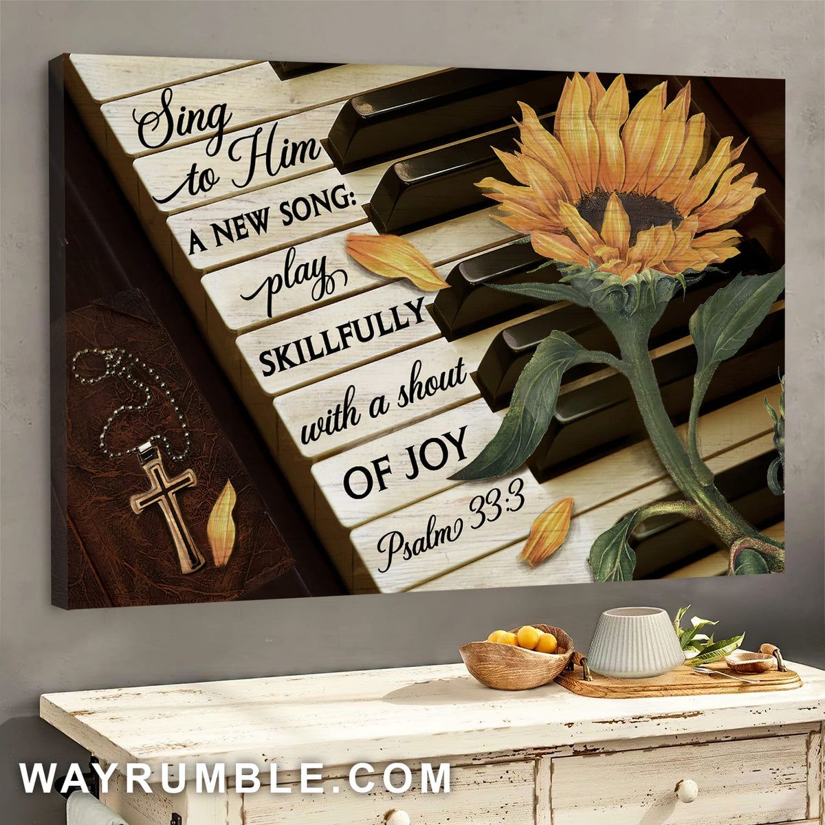 Sunflower, Piano keys, Cross, Sing to him a new song - Jesus Landscape Canvas Prints, Wall Art