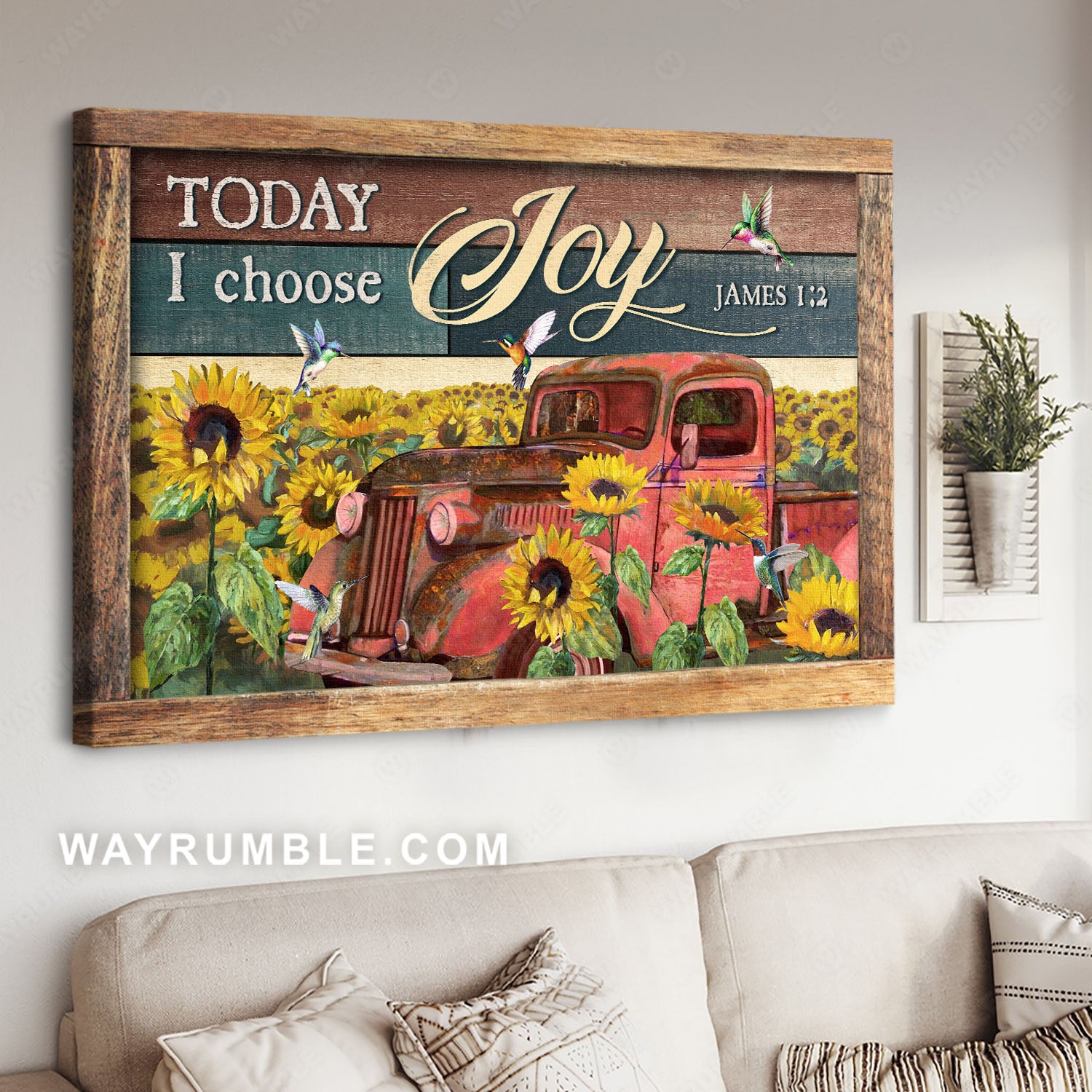 Hummingbird painting, Sunflower field, Red truck, Bible verse, Today I choose joy - Jesus Landscape Canvas Prints, Home Decor Wall Art