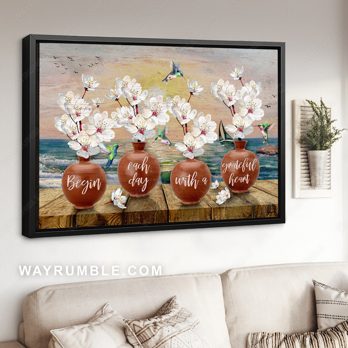 White peach blossom, Hummingbird drawing, Begin each day with a grateful heart - Jesus Landscape Canvas Prints, Christian Wall Art