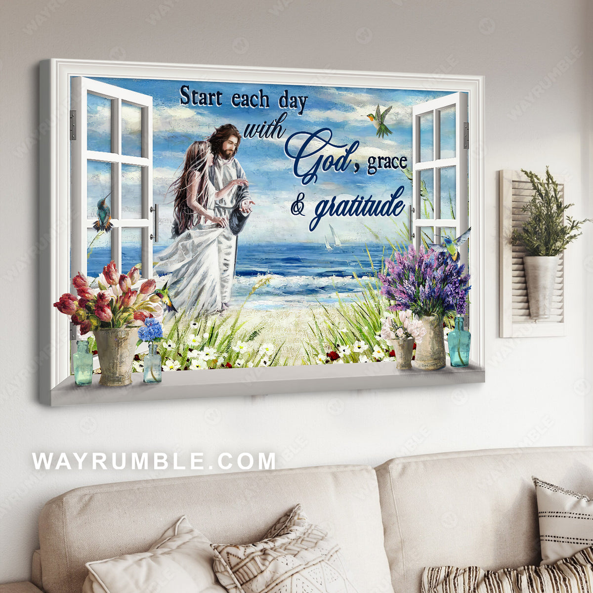 Pretty girl, Walking with Jesus, Blue ocean, Start each day with God - Jesus Landscape Canvas Prints, Christian Wall Art