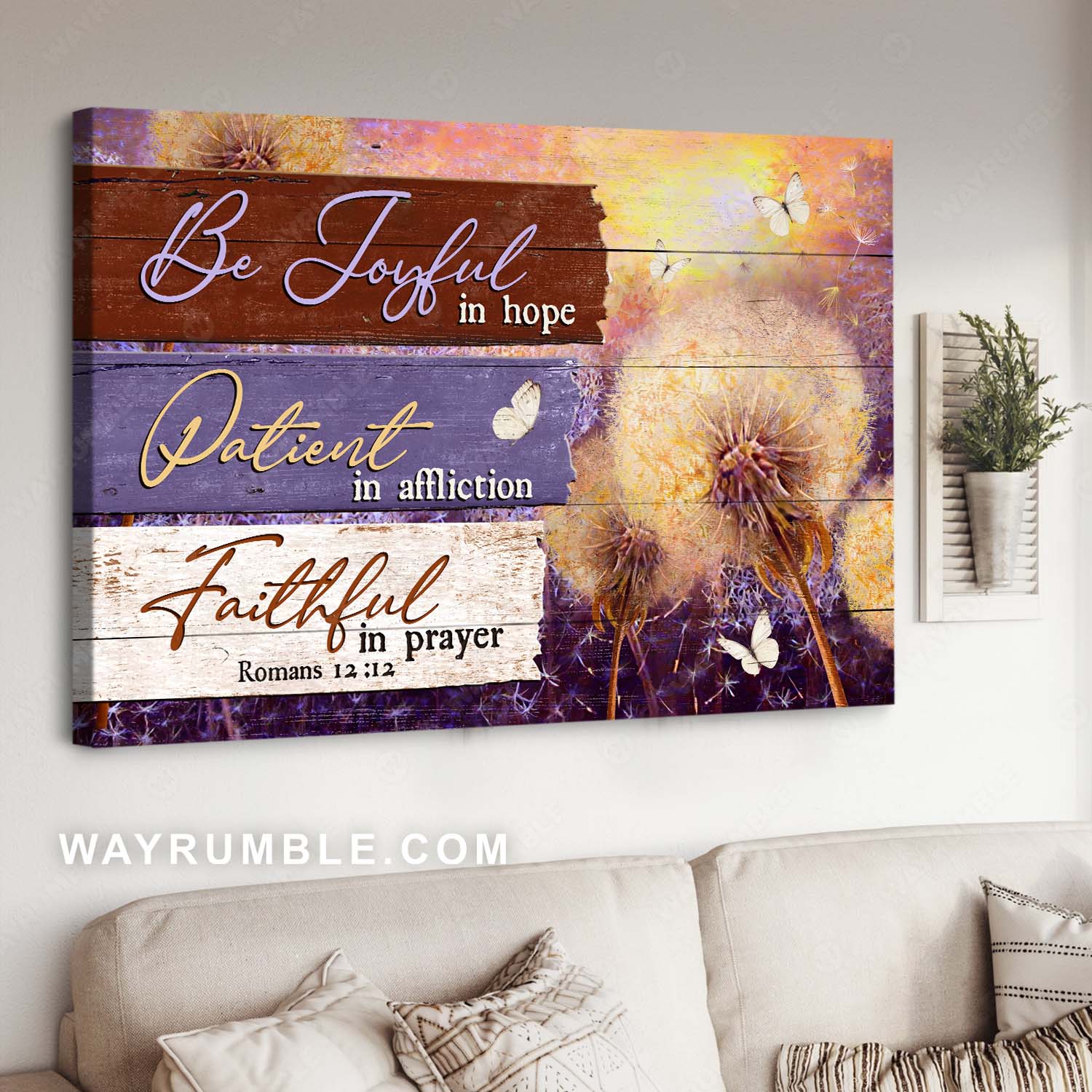 Inspirational quote, Watercolor dandelion, White butterfly, Be joyful in hope - Jesus Landscape Canvas Prints, Home Decor Wall Art