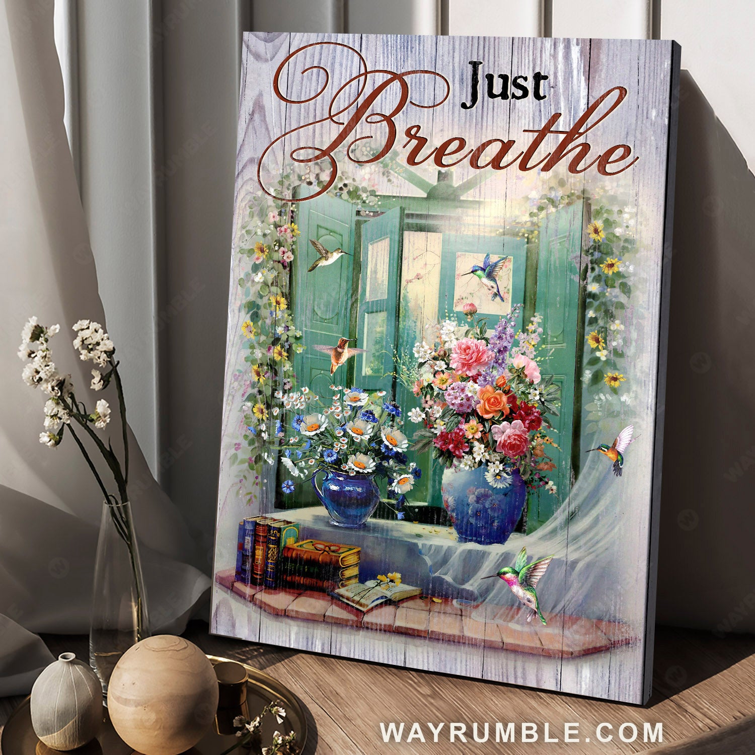 Colorful hummingbird, Gorgeous flower vase, Nice living room, Just breathe - Jesus Portrait Canvas Prints, Christian Wall Art