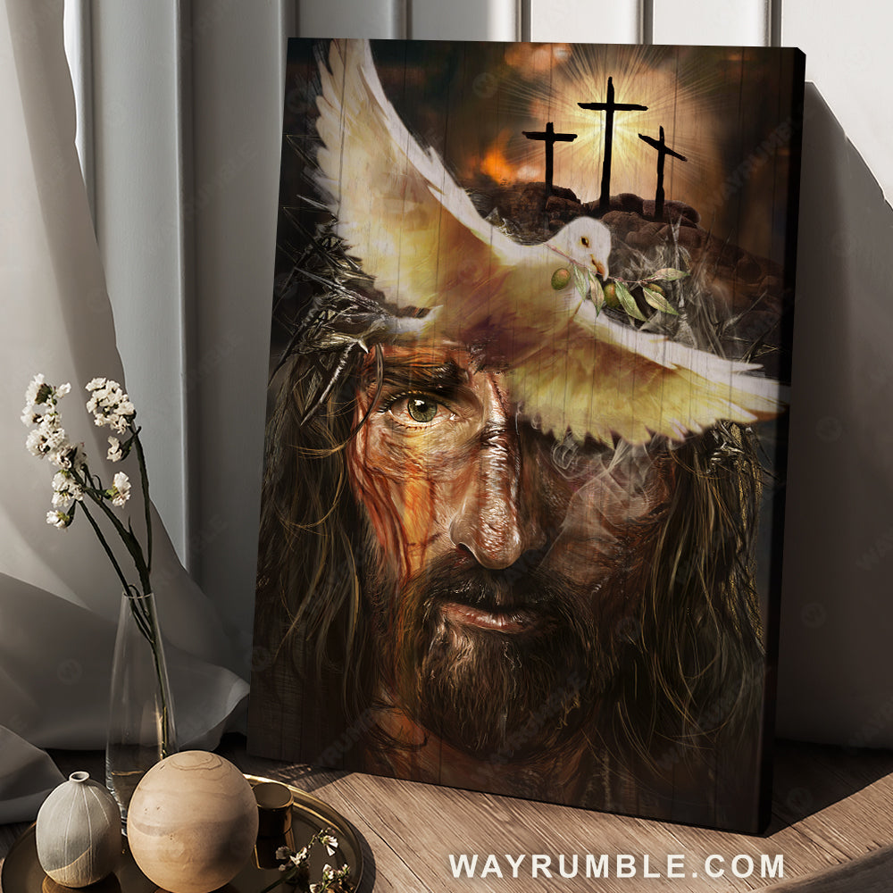 Amazing dove with olive branch, Three wooden crosses, Beautiful Jesus painting - Jesus Portrait Canvas Prints, Christian Wall Art