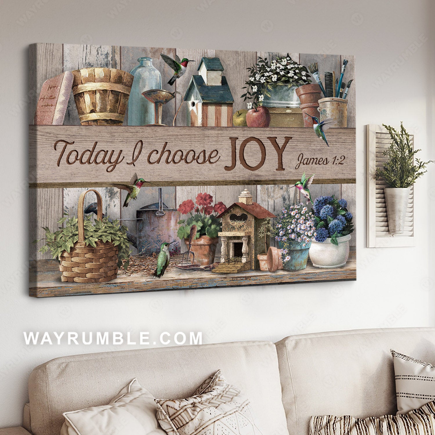 Watercolor hummingbird, Rustic garden, Vintage painting, Today I choose joy - Jesus Landscape Canvas Prints, Home Decor Wall Art