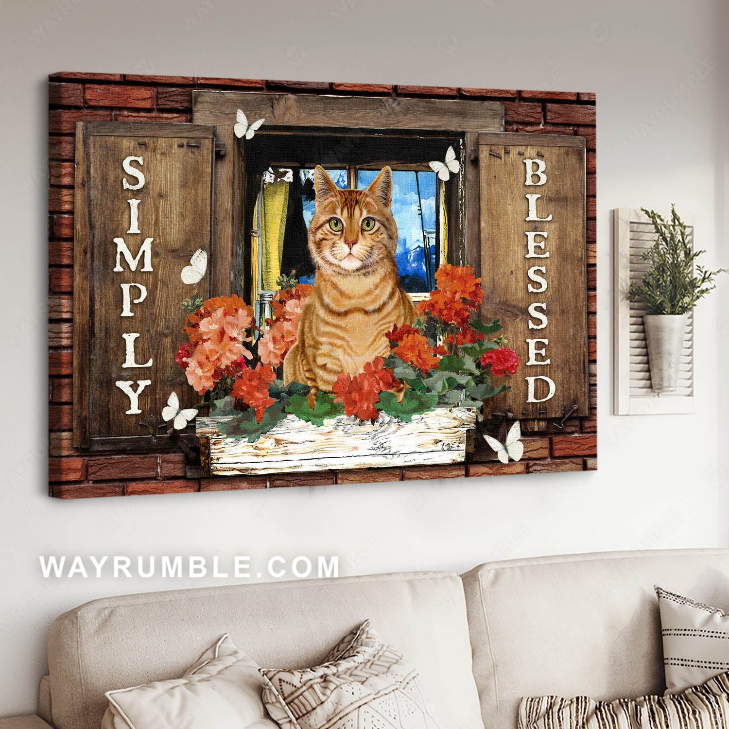 Brown cat, Red flower garden, Vintage window, Simply blessed - Jesus Landscape Canvas Prints, Christian Wall Art