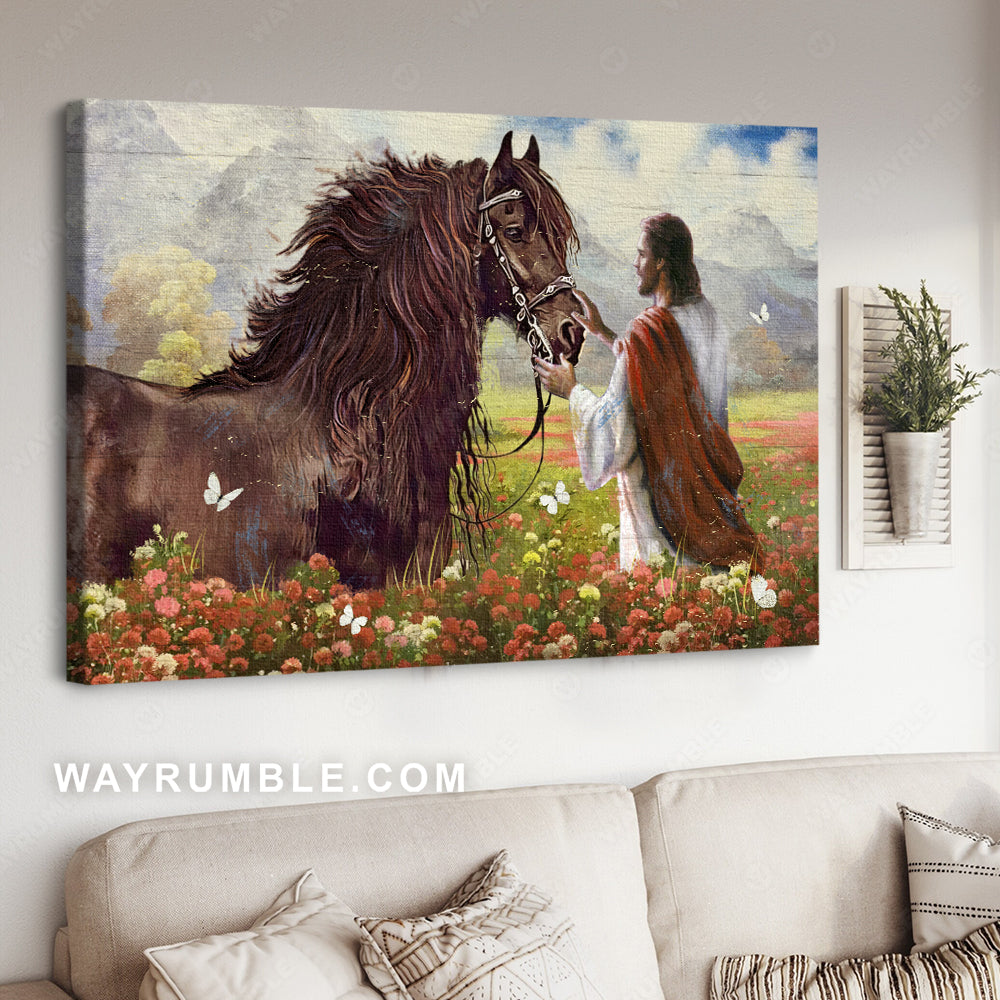 Awesome brown horse, Jesus painting, Flower field, In a peacefull valley - Jesus Landscape Canvas Prints, Christian Wall Art