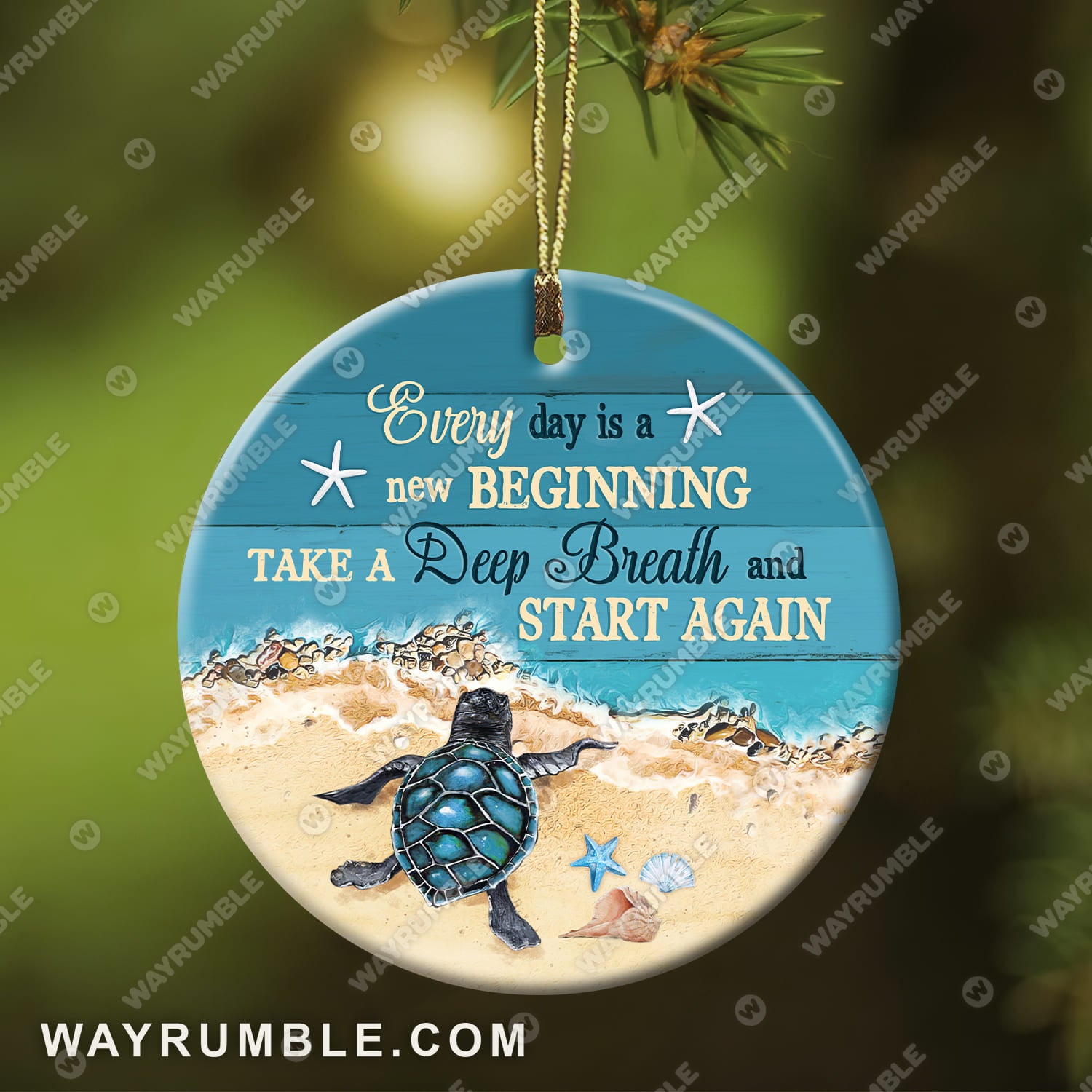 Sea Turtle, Sand Beach, Into the ocean, Every day is a new beginning - Jesus Circle Ceramic Ornament