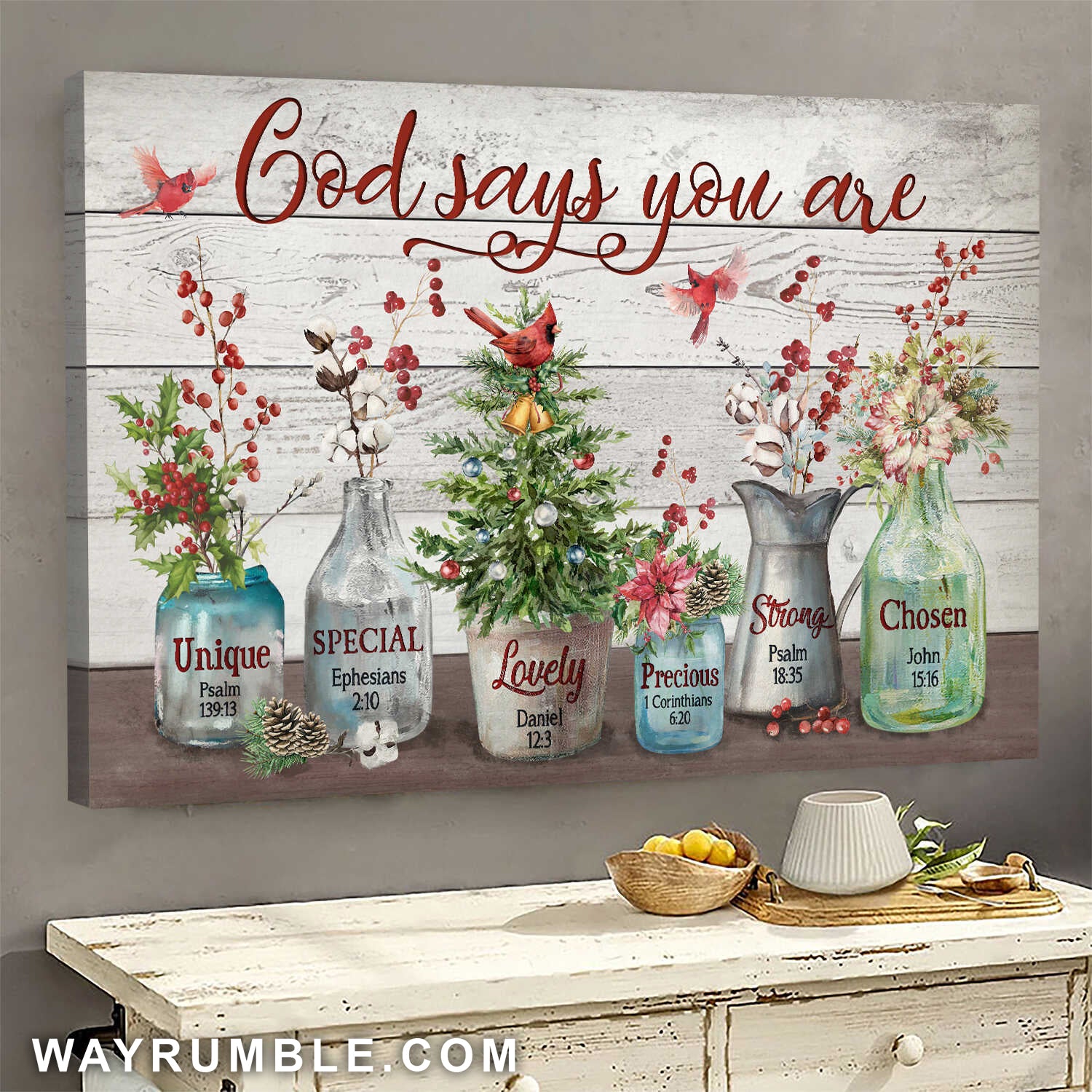 Christmas tree pots, Cardinal, God says you are - Jesus Landscape Canvas Prints, Wall Art